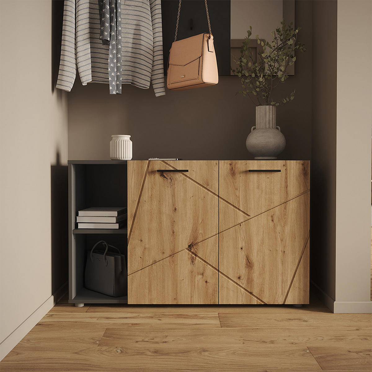 SCHUHSCHRANK Irma Anthrazit/Artisan 106 x 63 cm mit 2 Türen - Anthrazit, Holzwerkstoff (106/63/37cm) - Vicco