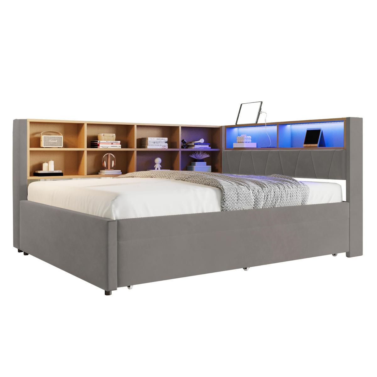 BETT mit Ausziehbett 140/200 cm und LED-Beleuchtung Dunkelgrau Flanell - Dunkelgrau, Textil (140/200cm) - OKWISH