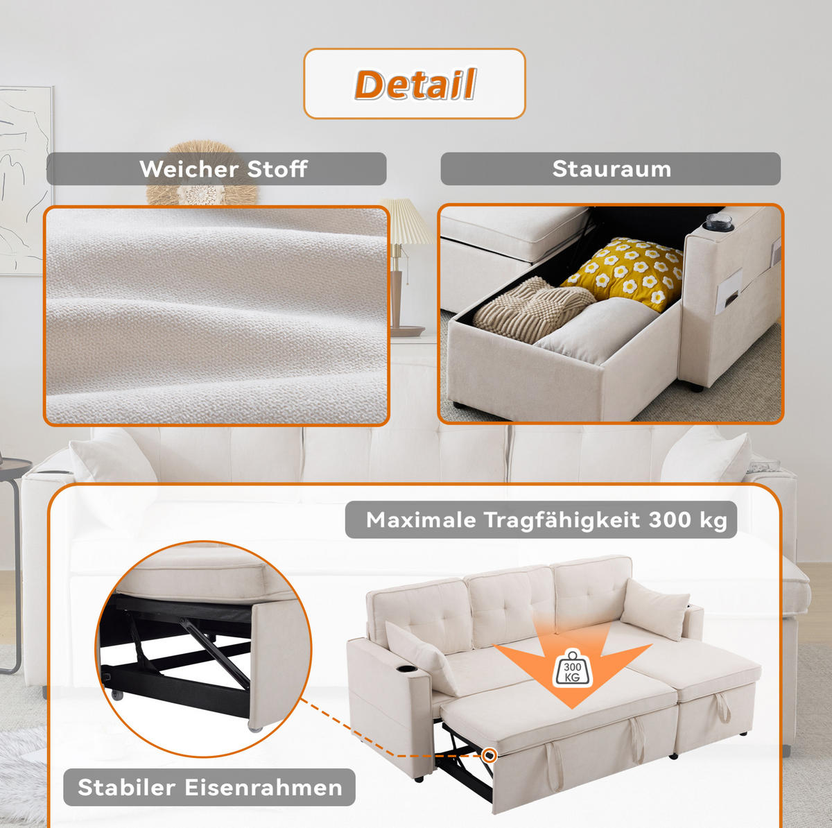SCHLAFSOFA aus Baumwoll-Leinen 211x130x86 cm Beige mit Stauraum, Getränkehaltern und wechselbarer Chaiselongue - Beige, Textil (211/86/129.5cm) - Modfu
