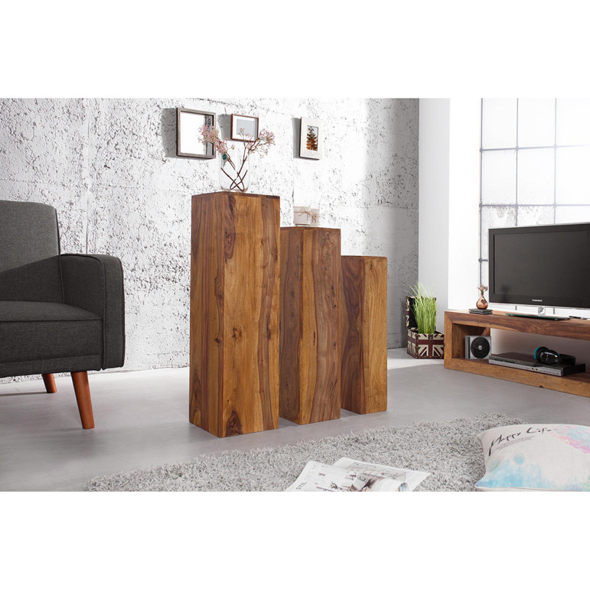 DEKO SÄULENSET MAKASSAR Sheesham Stone Finish 80 cm 3-teilig - Braun, Holz (25/80/25cm) - riess-ambiente