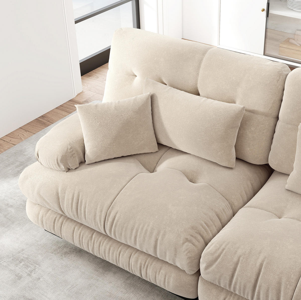 SOFA in Hellbraun aus Chenille mit 2 Ottomans und Kissen - Cappuccino, Textil (145/81/220cm) - Flora Grace