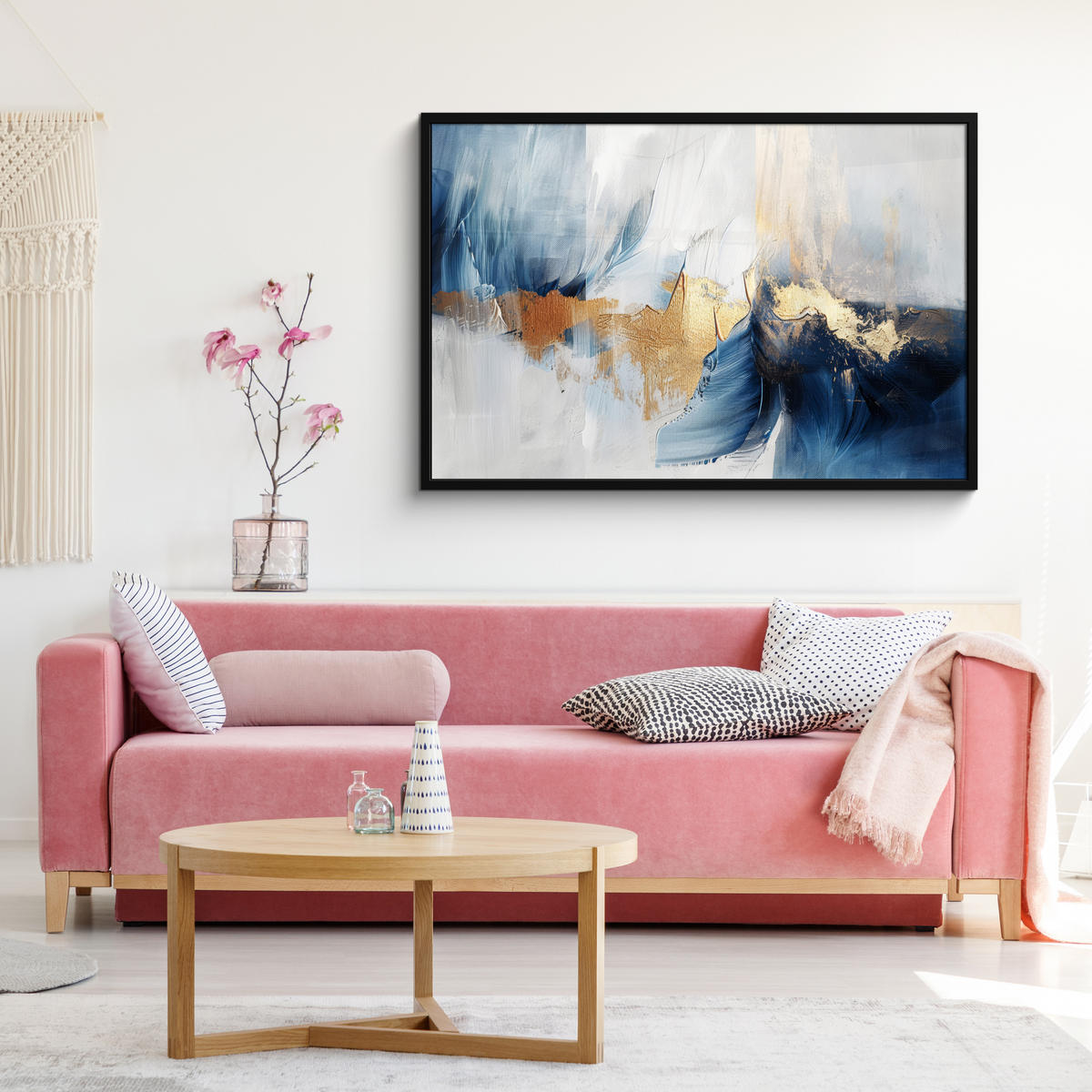 POSTER MIT RAHMEN Gold - Blau - Aquarell - Kunst - Modern 120x80 cm - Hellblau, Papier (120/80cm) - MuchoWow
