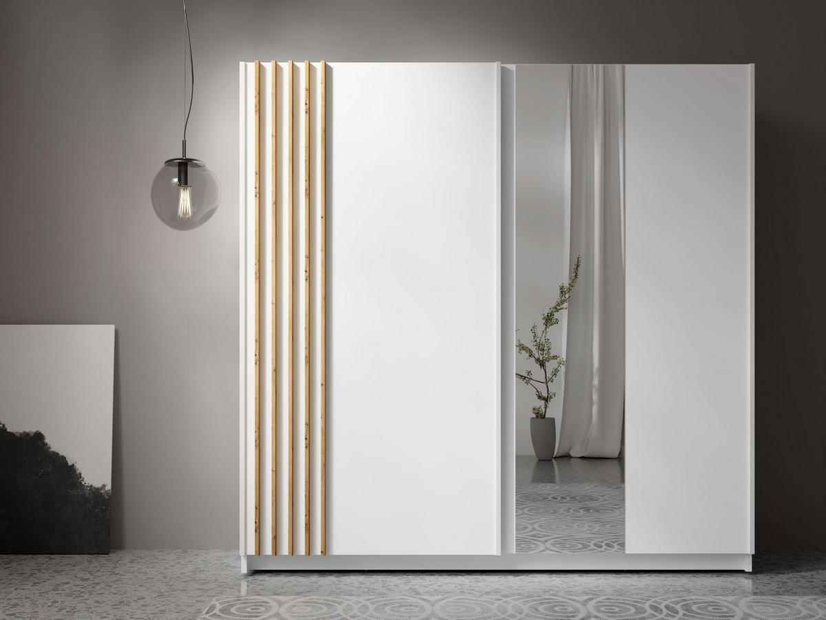 KLEIDERSCHRANK Beralto Weiß 200/198,5/63,5 cm – mit Spiegel und Lamellenfront - Weiß, Holzwerkstoff (200/198.5/63.5cm) - AX Living