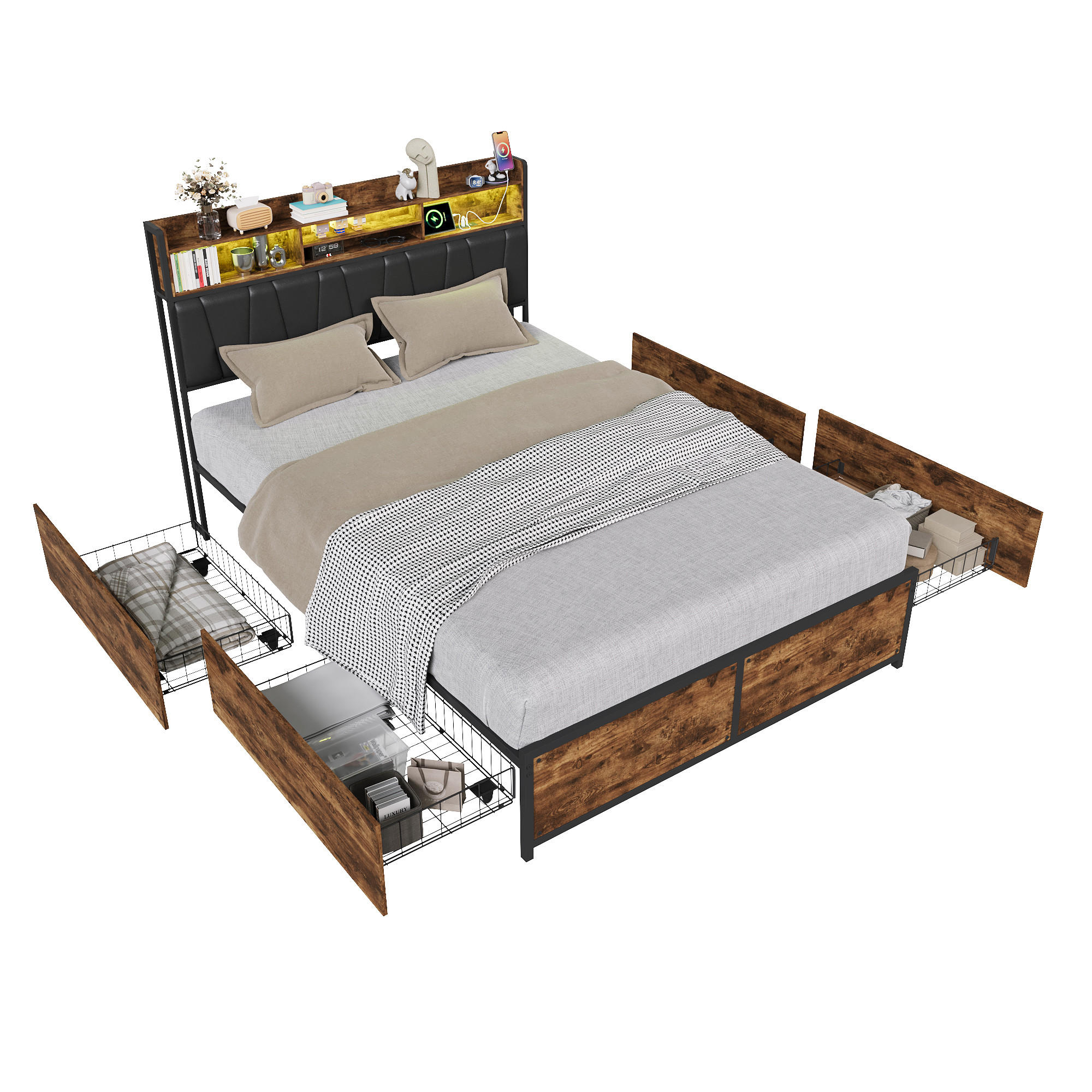 POLSTERBETT 140x200 cm, 4 Stauraumschubladen, LED-Leiste, Doppel-USB, in Braun - Braun, Holz (140/200cm) - BRILVERDE