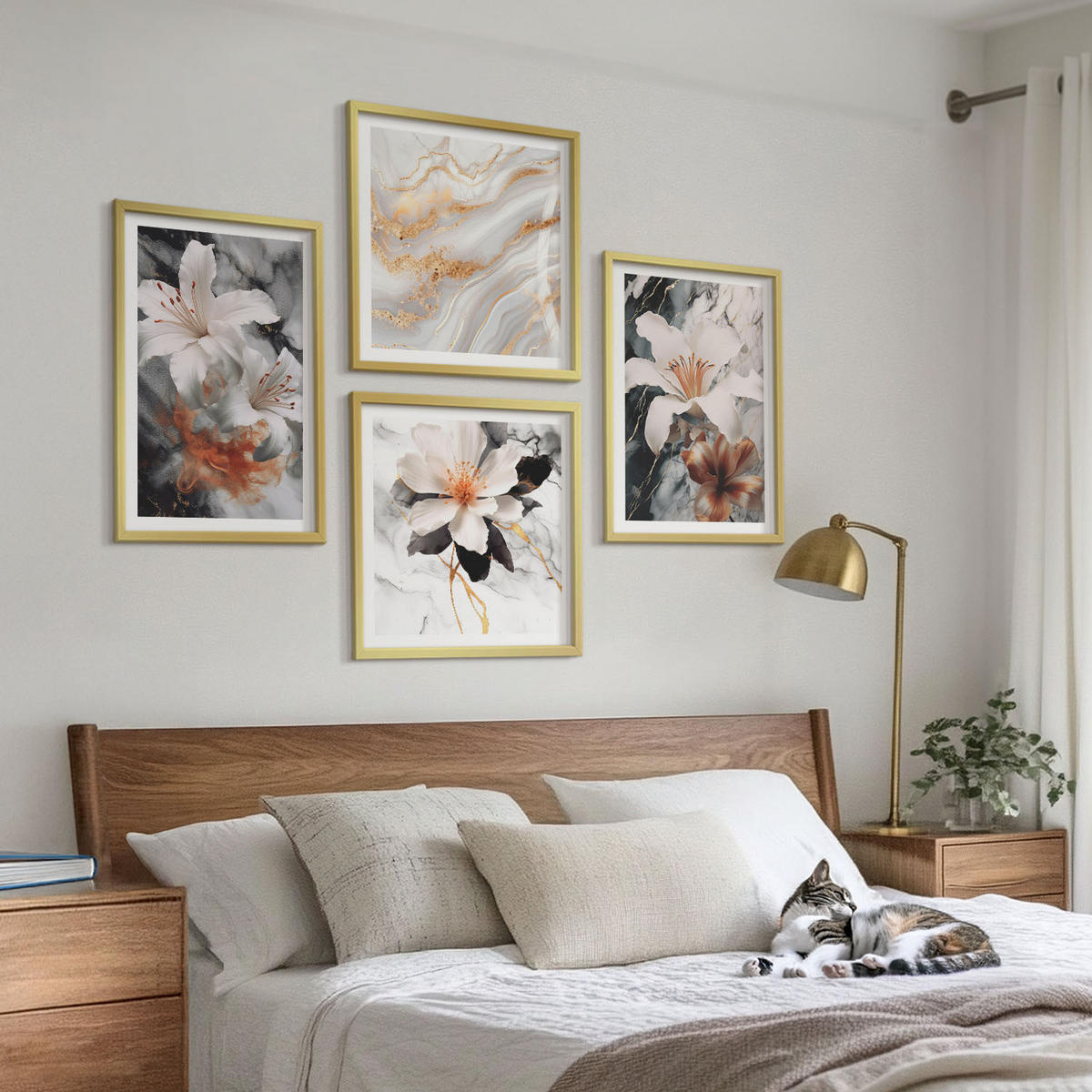WANDBILDER 4er Set - 50x50 cm & 40x60 cm Goldrahmen - Blumen Marmor weiß schwarz - Goldfarben, Kunststoff (50/50cm) - ArtPrintCave
