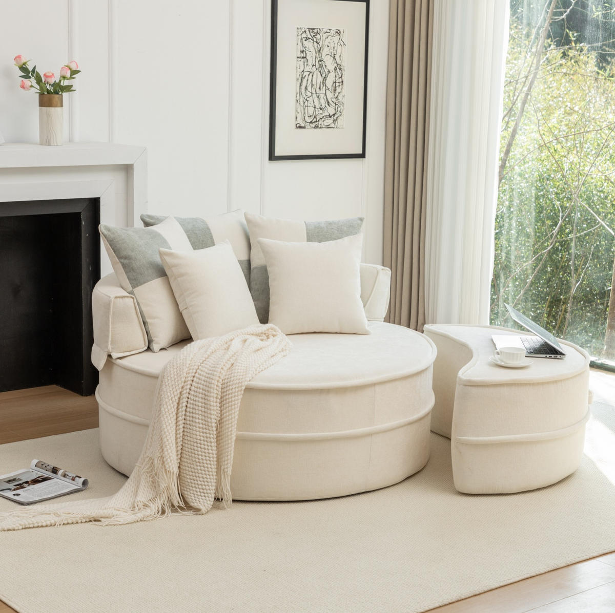 LOUNGESESSEL aus Schaumstoff 107x121 cm Beige mit Ottomane, 5 Kissen und montagefreiem Komfort - Beige, Kunststoff (163/66/121cm) - Modfu