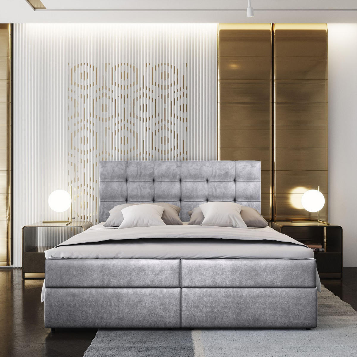 BOXBETT GLOS M 160x200 cm mit Matratze und Topper - Hellgrau - Hellgrau, Holz (160/200cm) - MASSENO