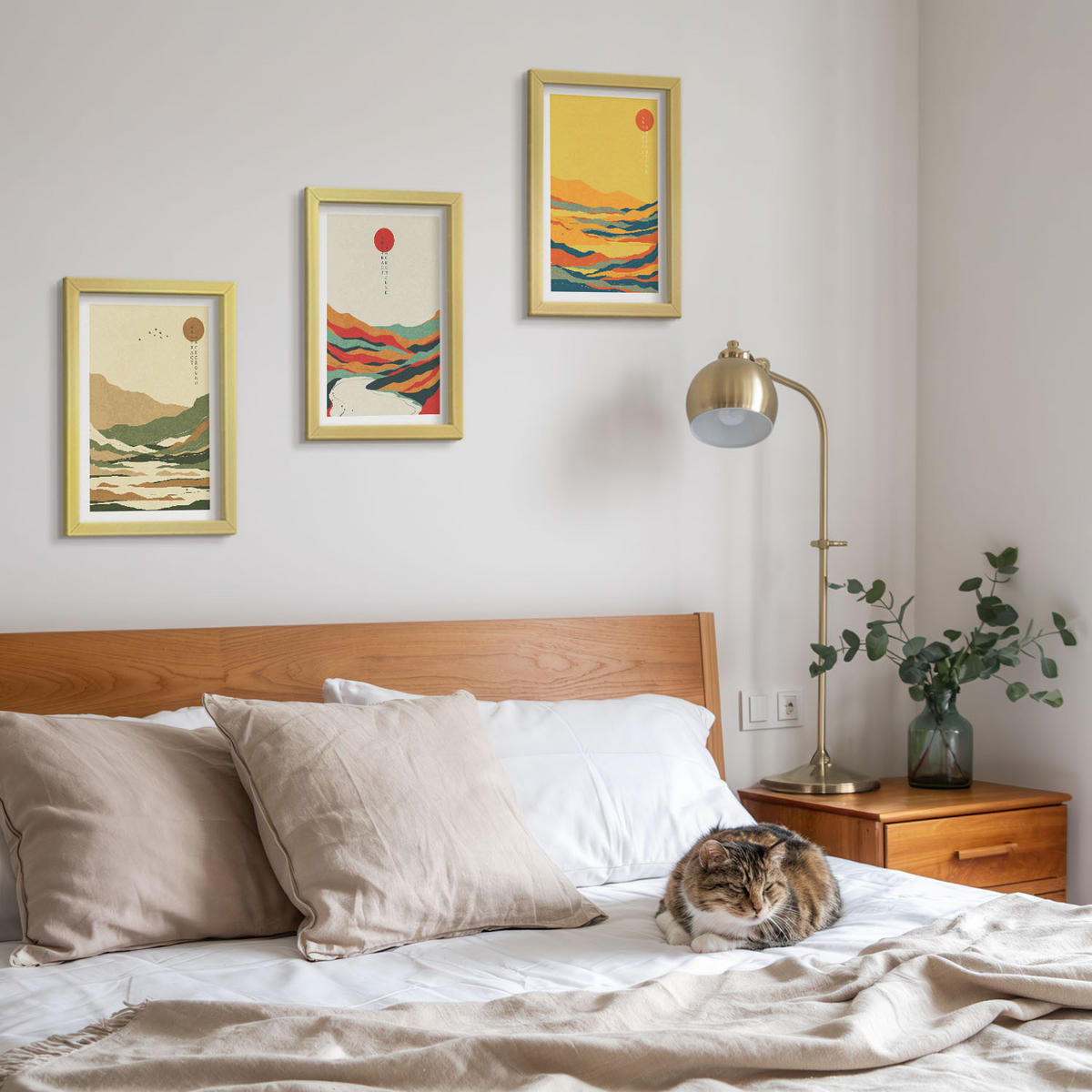 BILDER SET 3er Set - 20x30 cm Goldrahmen - Farbenfrohe Muster der Japandi-Flussberge - Goldfarben, Kunststoff (20/30cm) - TULUP