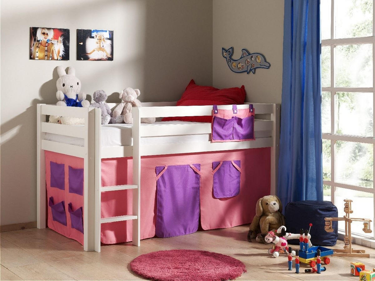 KINDERBETT Karolina 210x114x106 Massivholz Weiß Textilset Bella - Violett/Weiß, Holz (90/200cm) - 58aufmkessel