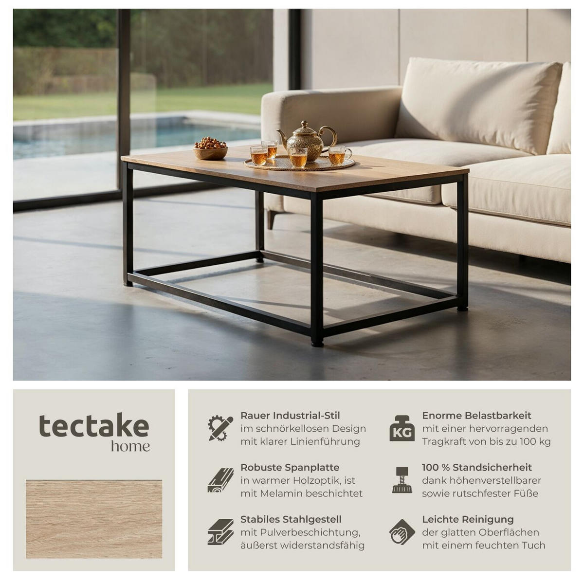 COUCHTISCH Lynch,100 x 55 x 45,5 cm,Industrial Holz hell, Eiche Sonoma - Naturfarben, Holzwerkstoff (100/55/45.5cm) - tectake