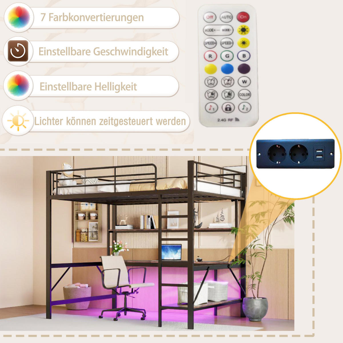 HOCHBETT aus Metall und MDF 140x200 cm Schwarz mit LED, USB, Steckdose, Schreibtisch und Regal - Schwarz, Metall (140/200cm) - Modfu