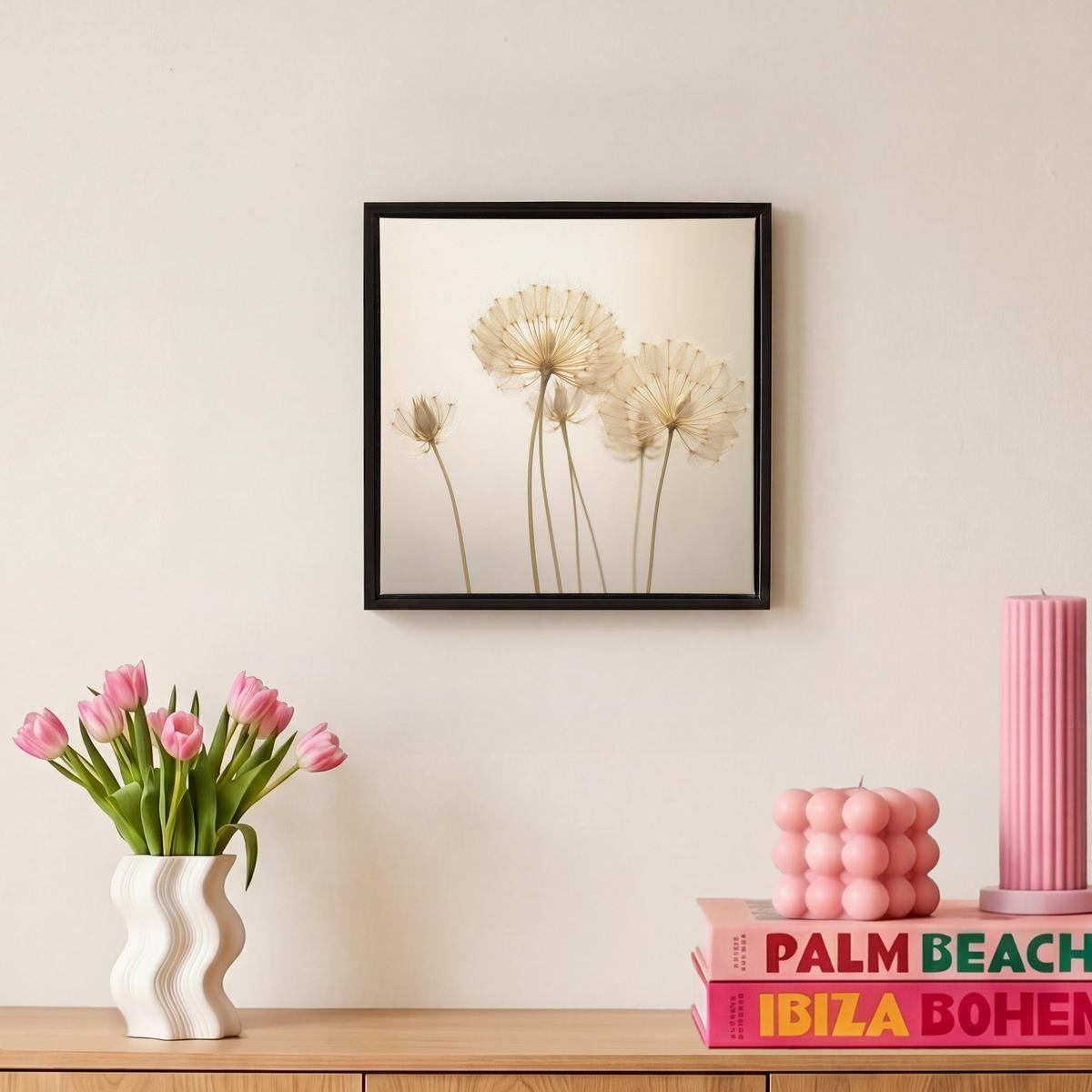 LEINWAND Bilder mit Rahmen - Sonnenlicht - Löwenzahn - Botanisch - Blumen - 20x20 - Creme, Textil (20/20cm) - MuchoWow