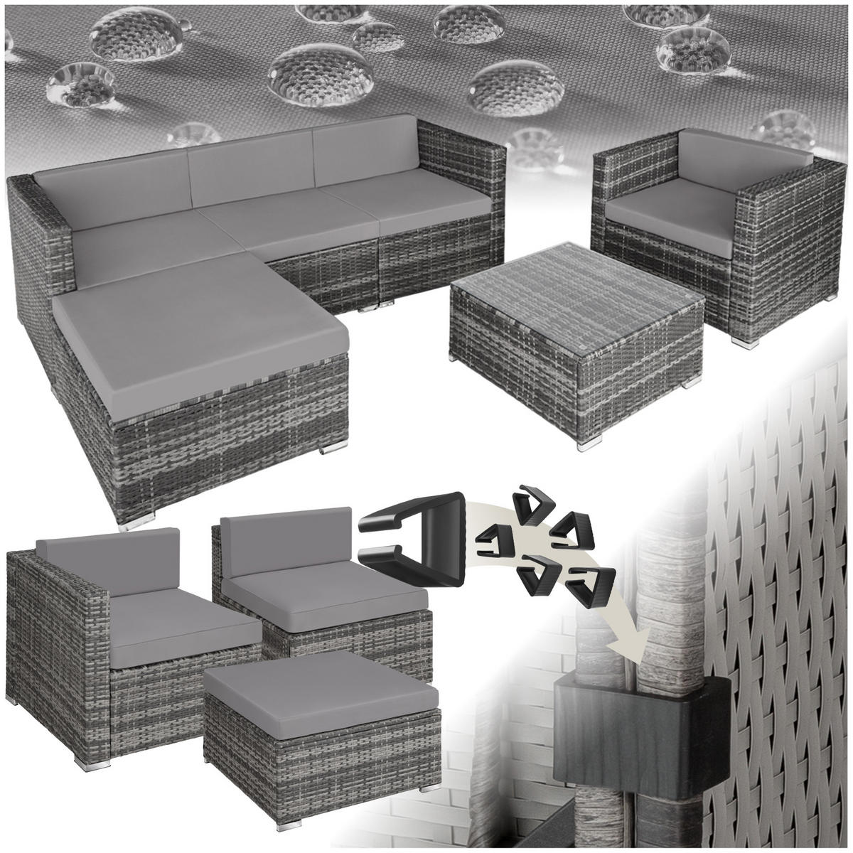 RATTANLOUNGE Milano, mit Sicherheitsglasplatte, grau - Grau, Kunststoff - tectake