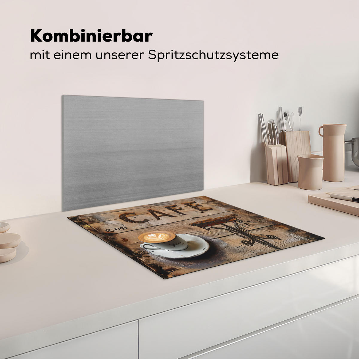 KRYT NA INDUKČNÍ DESKU Kavárna - dřevo - káva - police 57.6x51.6 cm - černá, plast (57.6/51.6/0.2cm) - MuchoWow