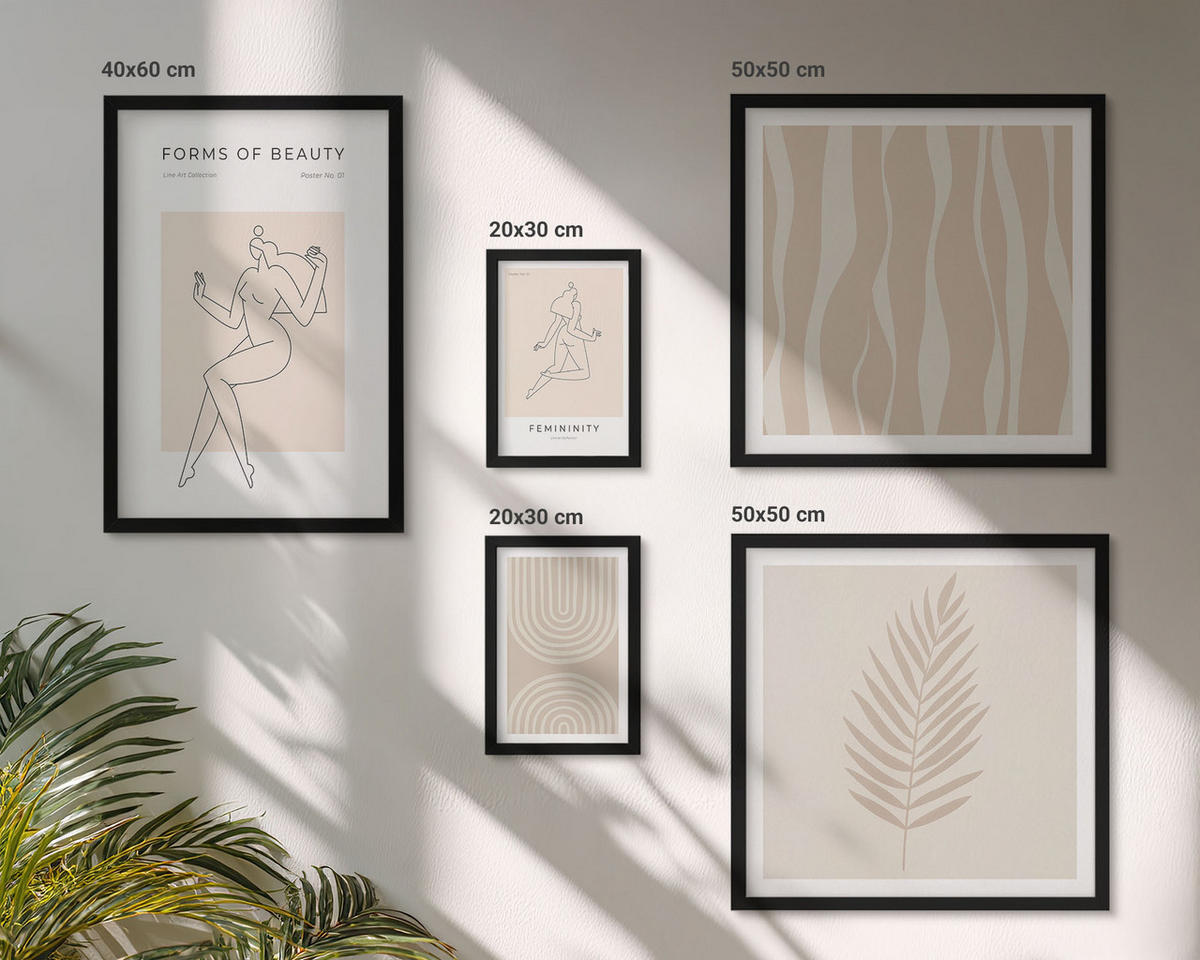 BILDER SET 5er Set - 50x50 cm & 20x30 cm & 40x60 cm Schwarzer Rahmen - Abstrakte Boho-Dekorationen - Schwarz, Kunststoff (40/60cm) - TULUP