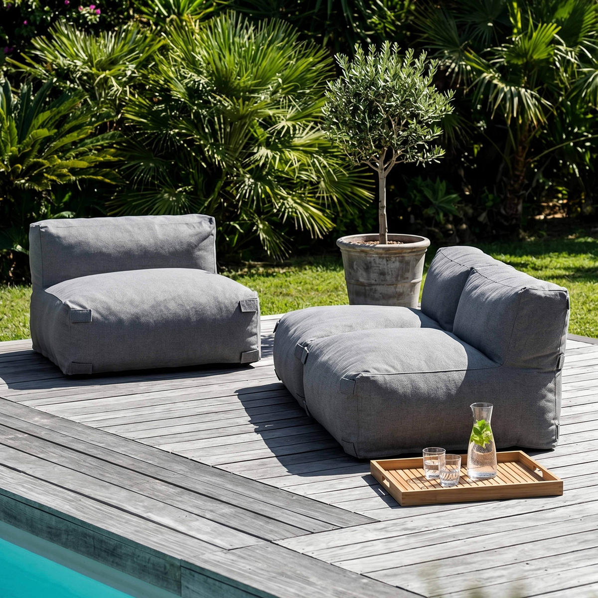 GARTENSOFA mit 3 Sitzplätzen, Grau - Grau, Textil - Oviala