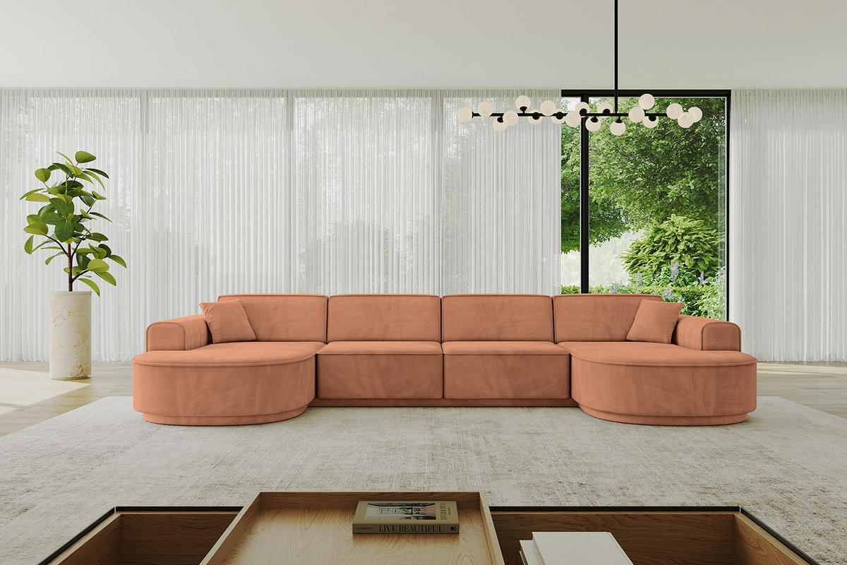 WOHNLANDSCHAFT MARI-U2-v3 - 388x171x83 cm Orange Velours - Schwarz/Orange, Holzwerkstoff/Kunststoff (388/83/171cm) - ALTDECOR