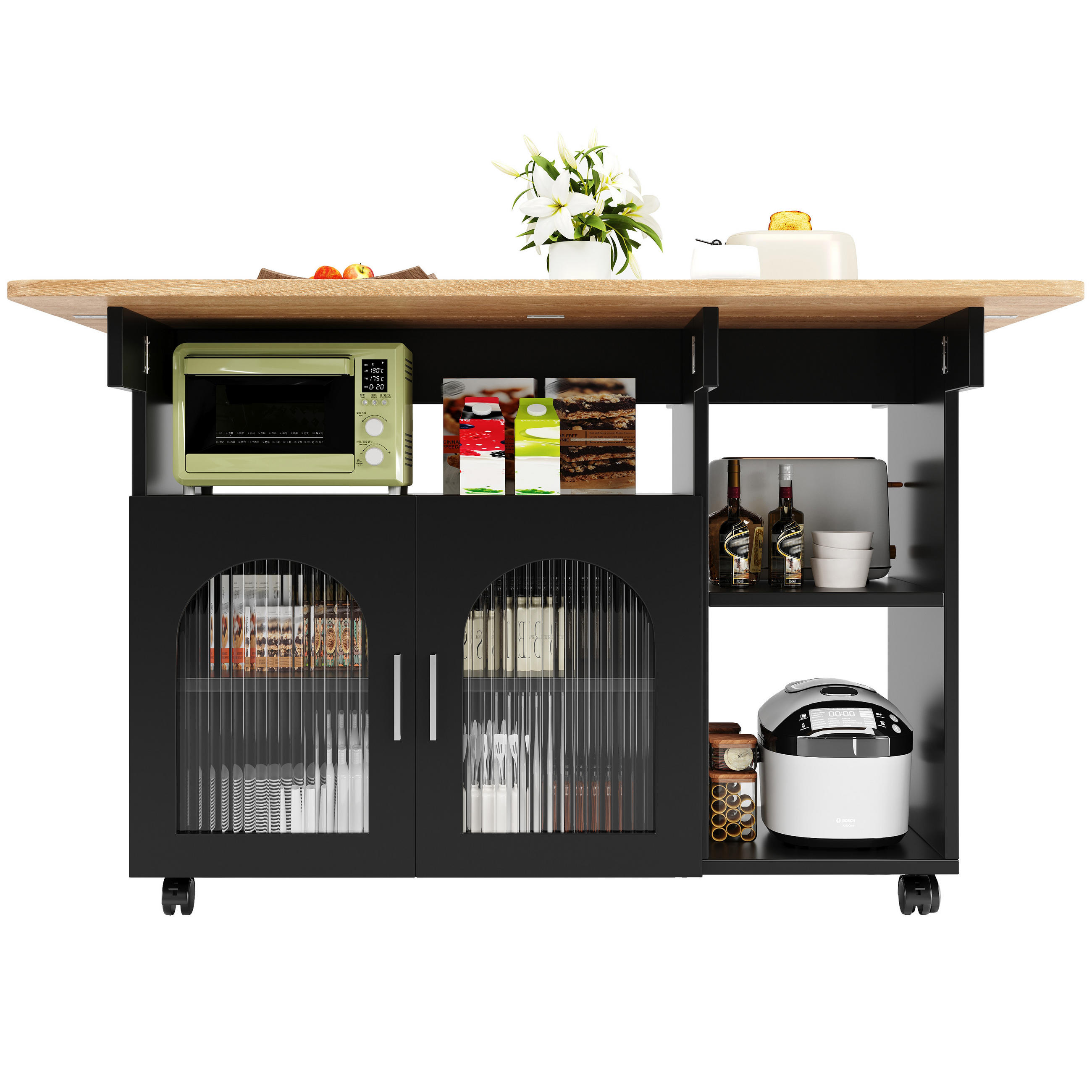 KÜCHENINSEL Schwarz 120/30/79,5 cm Klappbar fahrbar mit Glastüren - Schwarz, Holzwerkstoff (120/79.5/30cm) - PANGIVO