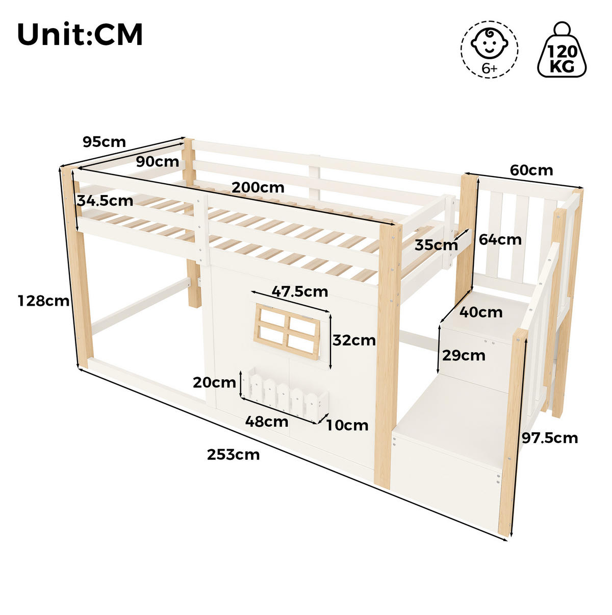 HOCHBETT aus Kiefernholz und MDF 90x200 cm Weiß mit Stauraumtreppe, Fenster und LED-Beleuchtung - Weiß, Holzwerkstoff (90/200cm) - Modfu