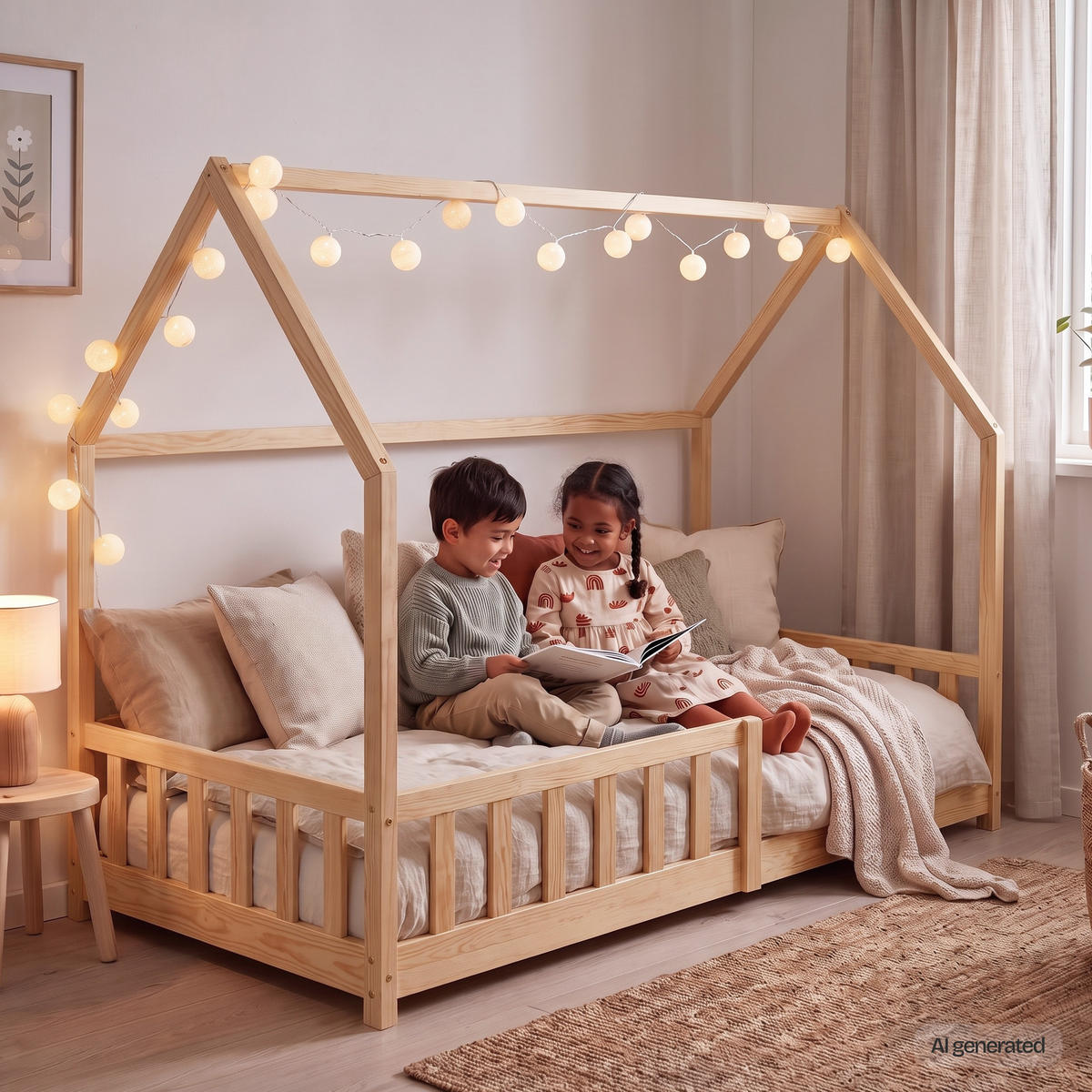 HAUSBETT Hesel mit Matratze - Naturfarben, Holz/Textil (90/200cm) - [en.casa]