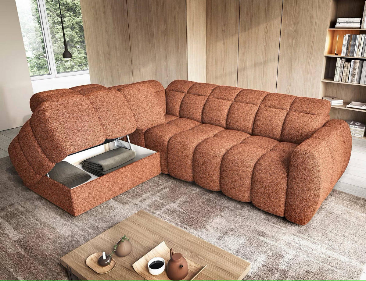 ECKSOFA mit elektrischem Sitzvorschub, Bettkasten und verstellbare Kopflehnen - Orange, Naturmaterialien/Textil (258/208cm) - Eltap
