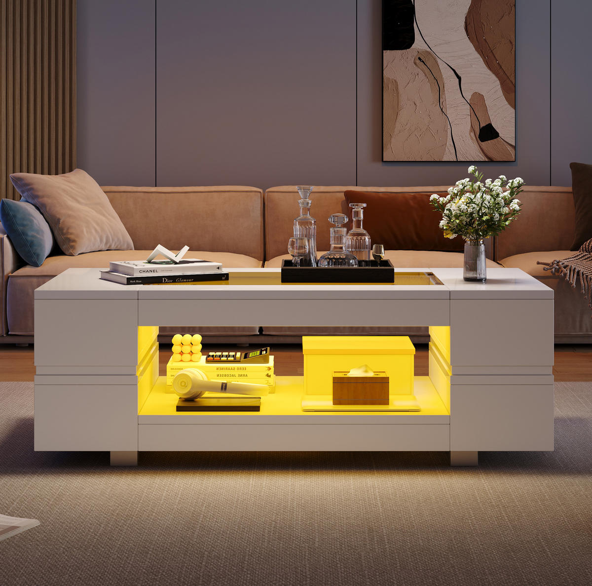 COUCHTISCH 100/50/35 cm Weiß aus Spanplatte mit Glasplatte und LED-Beleuchtung - Weiß, Holzwerkstoff (100/50/35cm) - OKMYHOME