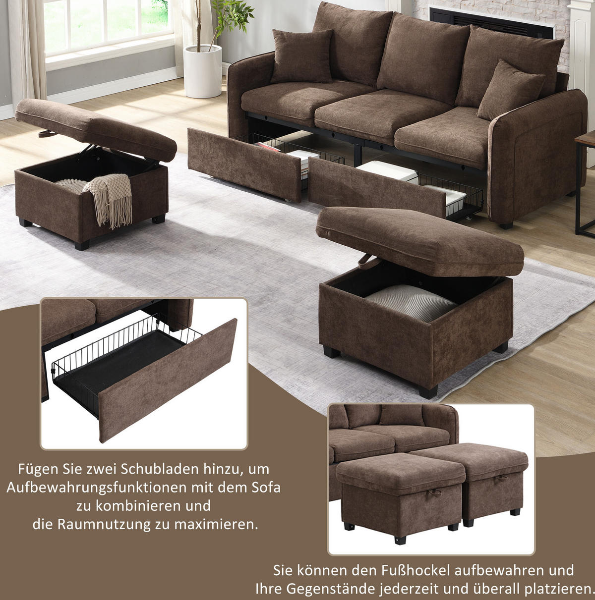 ECKSOFA-SET Chenille mit Stauraum und Schlaffunktion 3-Sitzer und 2 Hocker 188/186/86 cm Dunkelbraun - Dunkelbraun, Kunststoff/Textil (186/188cm) - Redom
