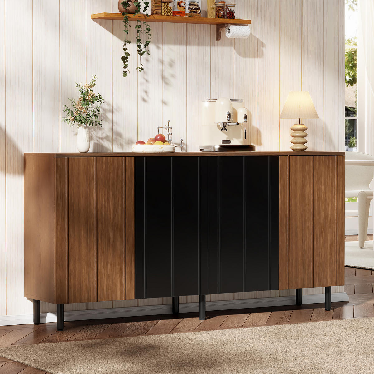 SIDEBOARD in Walnussfarben und Schwarz mit 4 Schranktüren für Küche, B160/T35/H80 cm - Walnussfarben/Schwarz, Holzwerkstoff (160/80/35cm) - STILVORA