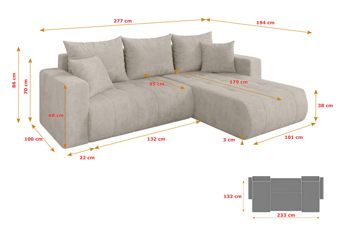 ROHOVÁ SEDAČKA s funkcí spaní, otoman vpravo MILA-L 277x194x86 krémová manšestr - černá/krémová, kompozitní dřevo/textil (277/194cm) - ALTDECOR