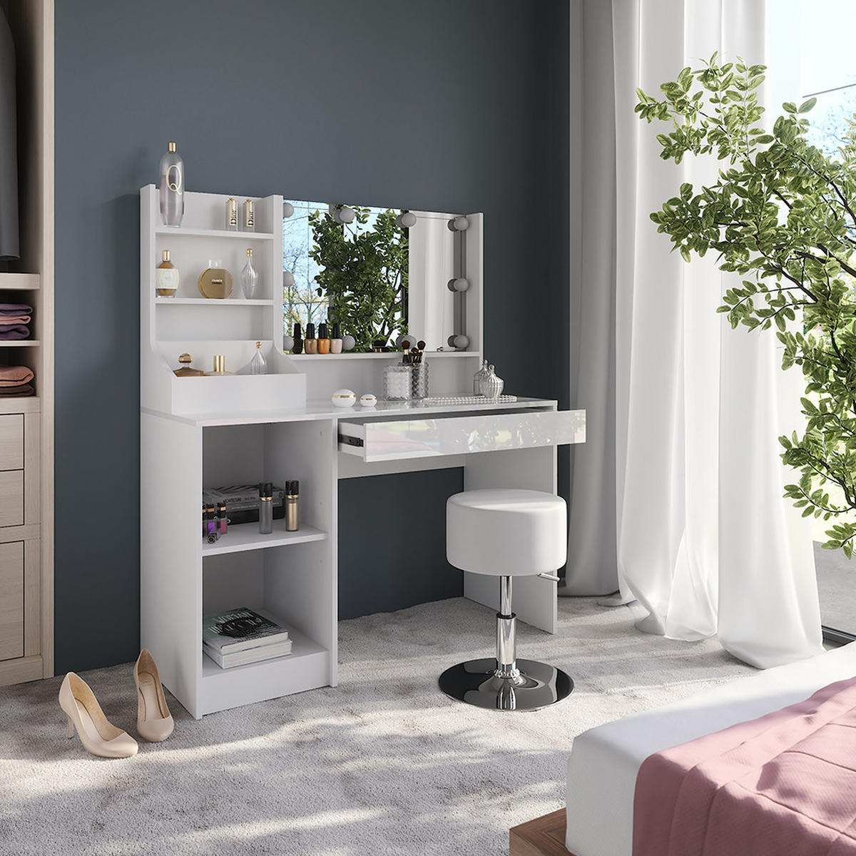SCHMINKTISCH Sherry Weiß/Weiß Hochglanz 119.8 cm 5 Teile - Weiß Hochglanz, Holzwerkstoff (119.8/76/50.1cm) - Vicco