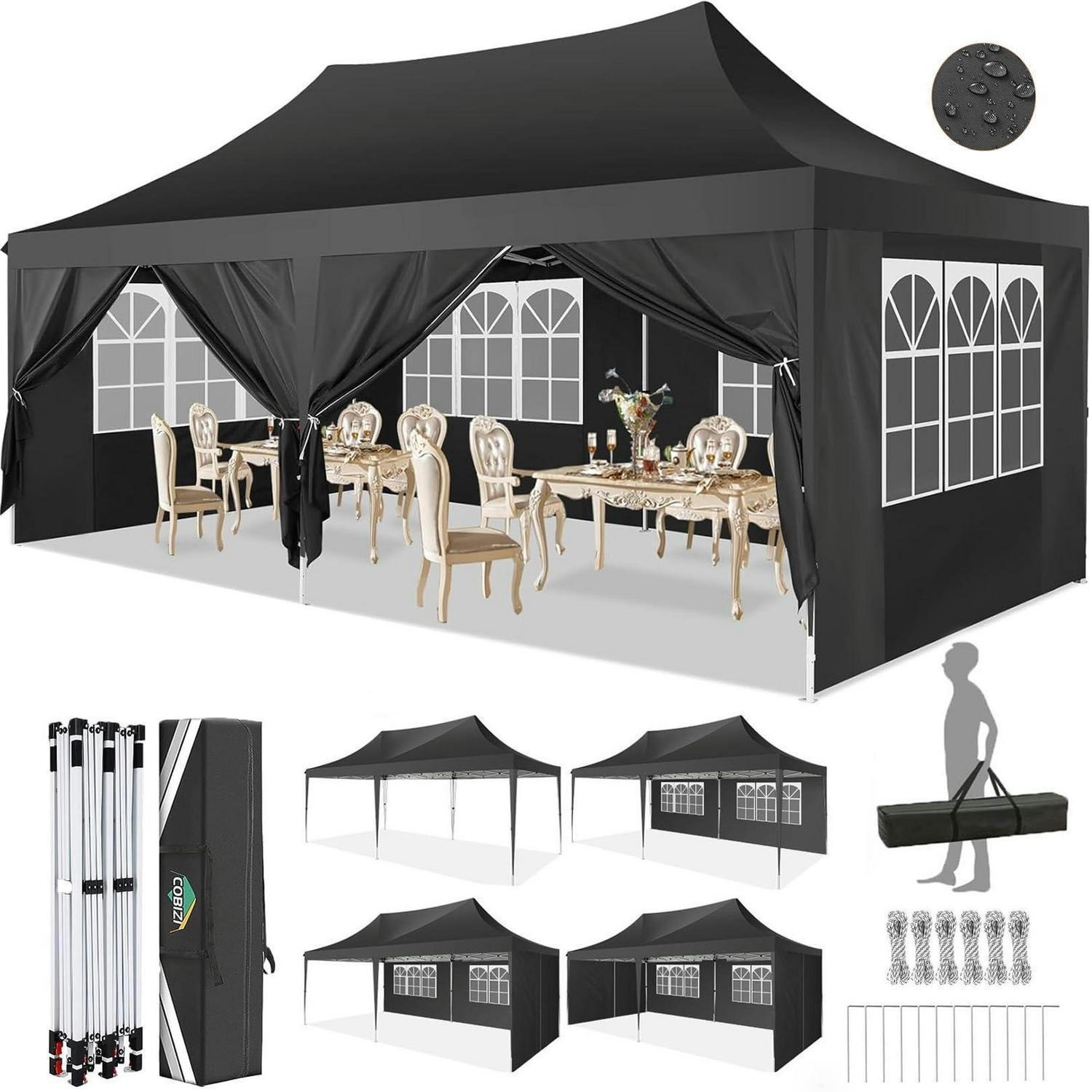 FALTPAVILLON 3x6 m mit 6 Seitenteilen Schwarz - Schwarz, Textil (300/320/600cm)