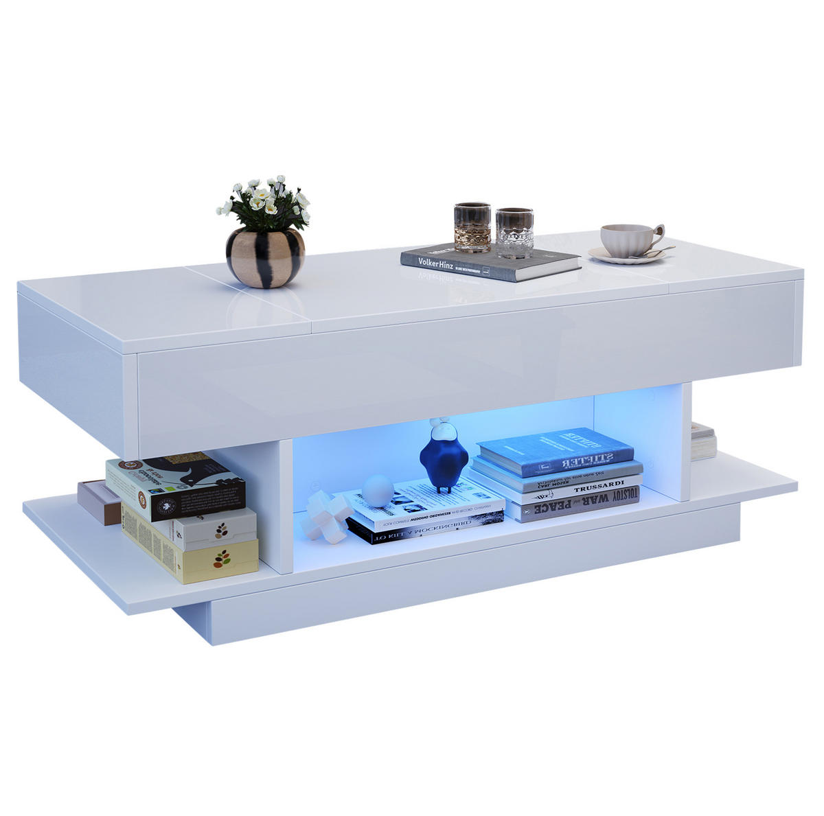 KONFERENČNÍ stolek 98/45/40 cm bílý z dřevotřísky se zvedací deskou a LED - bílá, kompozitní dřevo (98/45/40cm) - OKWISH