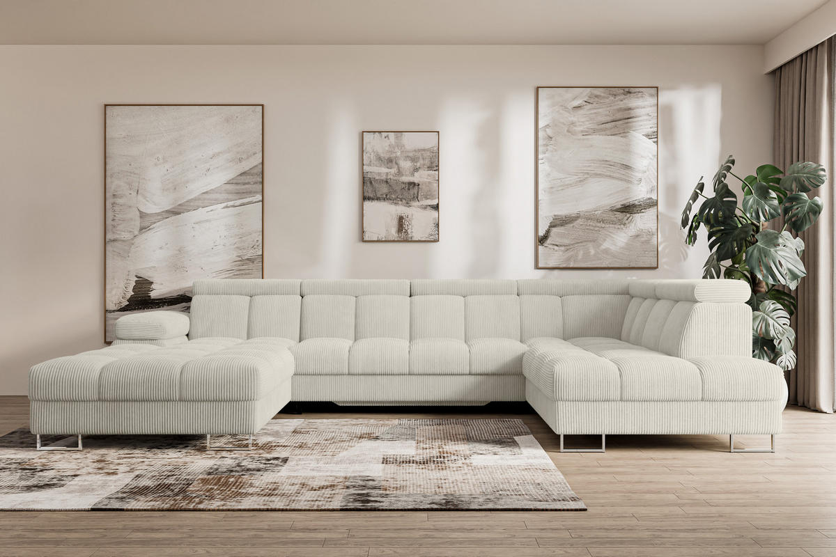 WOHNLANDSCHAFT mit Schlaffunktion und Bettkasten Ottomane RECHTS COMA U 345x203x79 Creme Cord - Mokka, Holzwerkstoff/Textil (203/79/345cm) - ALTDECOR