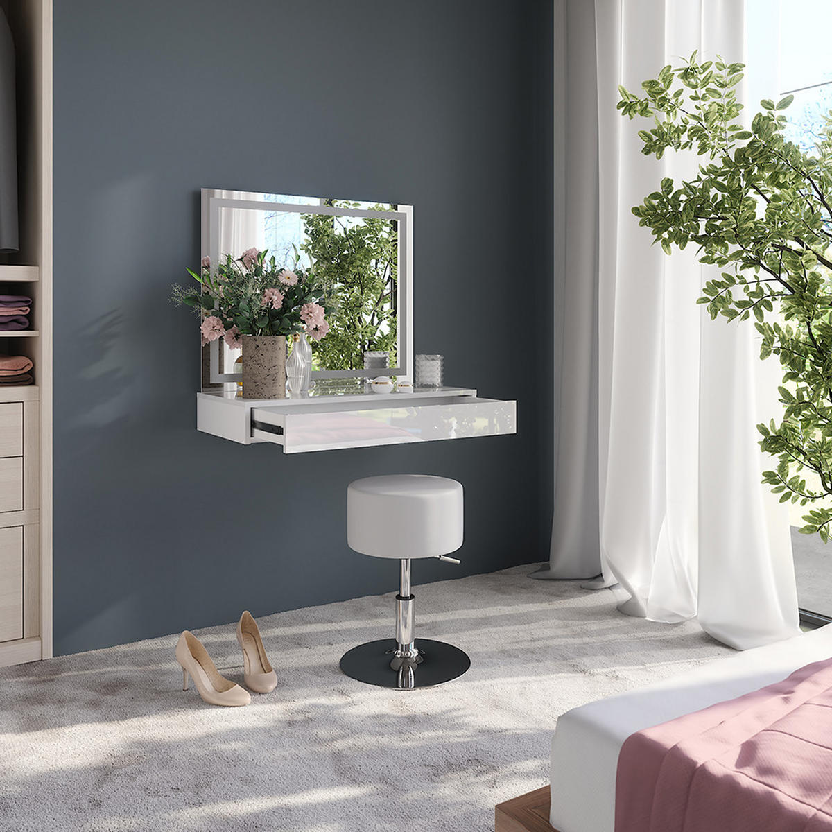 SCHMINKTISCH Sherry Weiß/Weiß Hochglanz 120 cm 3 Teile - Weiß Hochglanz, Holzwerkstoff (120/76/50.1cm) - Vicco