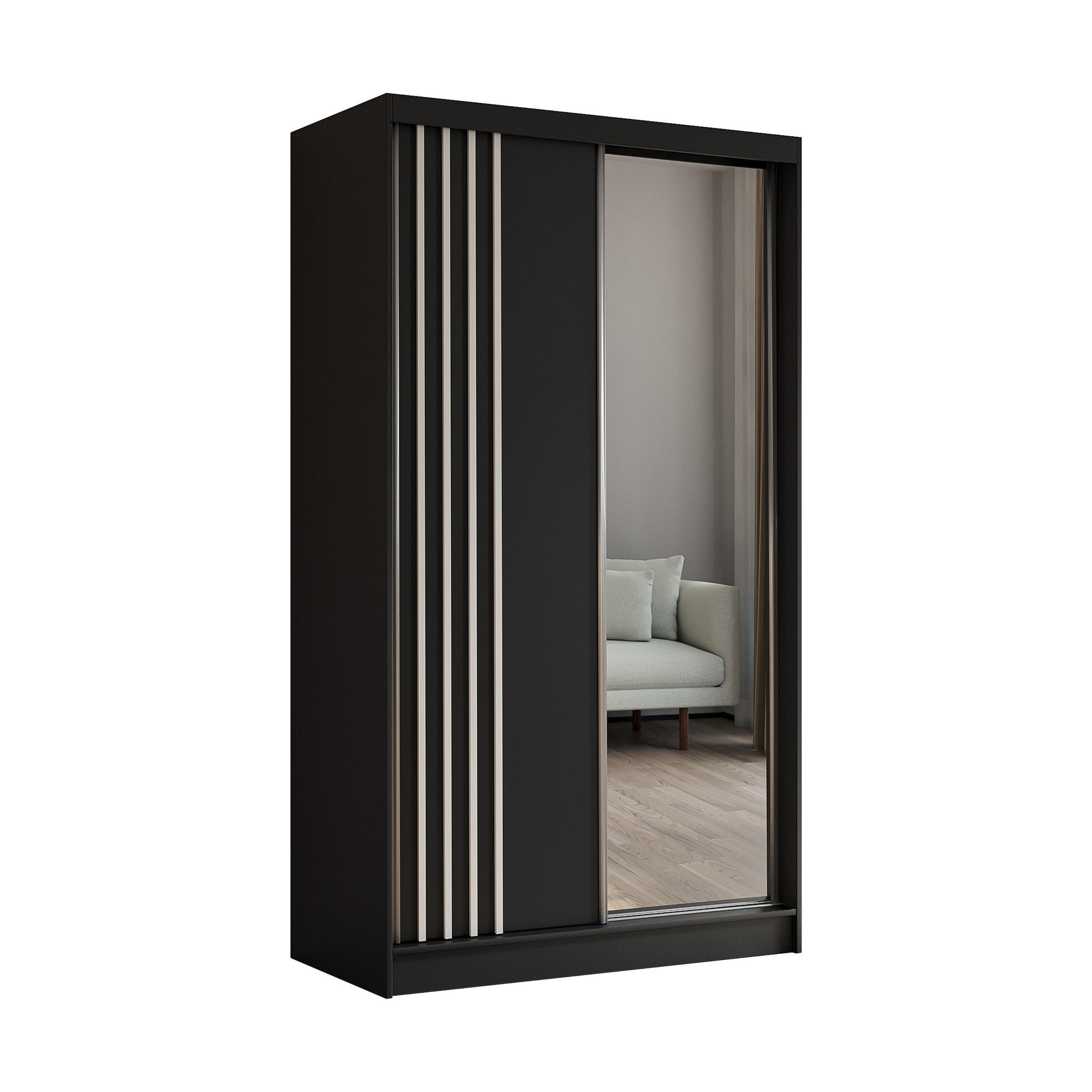 SCHWEBETÜRENSCHRANK Neli 120 cm mit Lamellen und Spiegel 2-türig, schwarz, schwarz, Lamelle weiß - Schwarz/Weiß, Kunststoff (120/216/61cm) - Margaret Hadas24