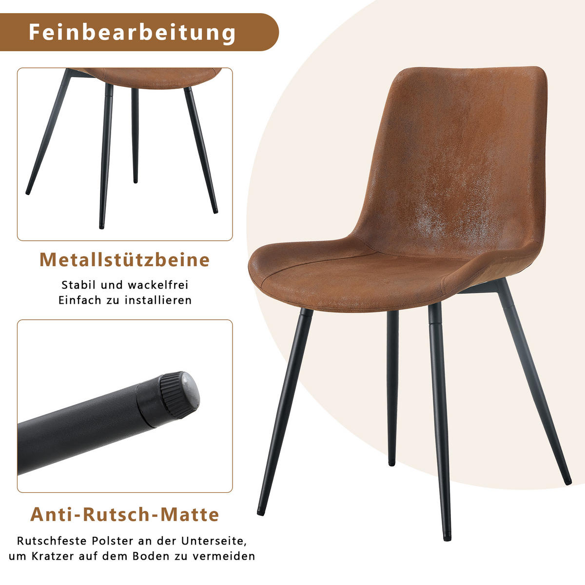 JÍDELNÍ ŽIDLE ergonomické (sada 4 ks), technická látka, čalouněné s kovovými nohami - hnědá, textil (50/83/47cm) - Urban Meuble
