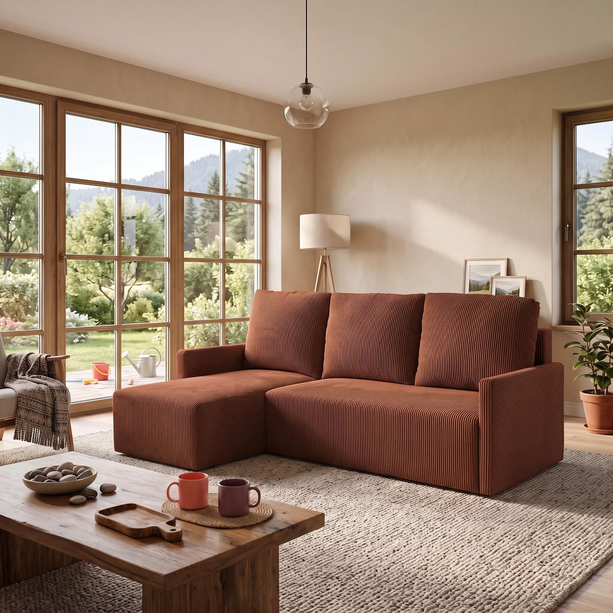 ECKSOFA GARDA L universell links/rechts montierbar mit Schlaffunktion 132x198 cm Cord Braun - Schwarz/Braun, Holz/Kunststoff (209/145cm) - NACANAPA