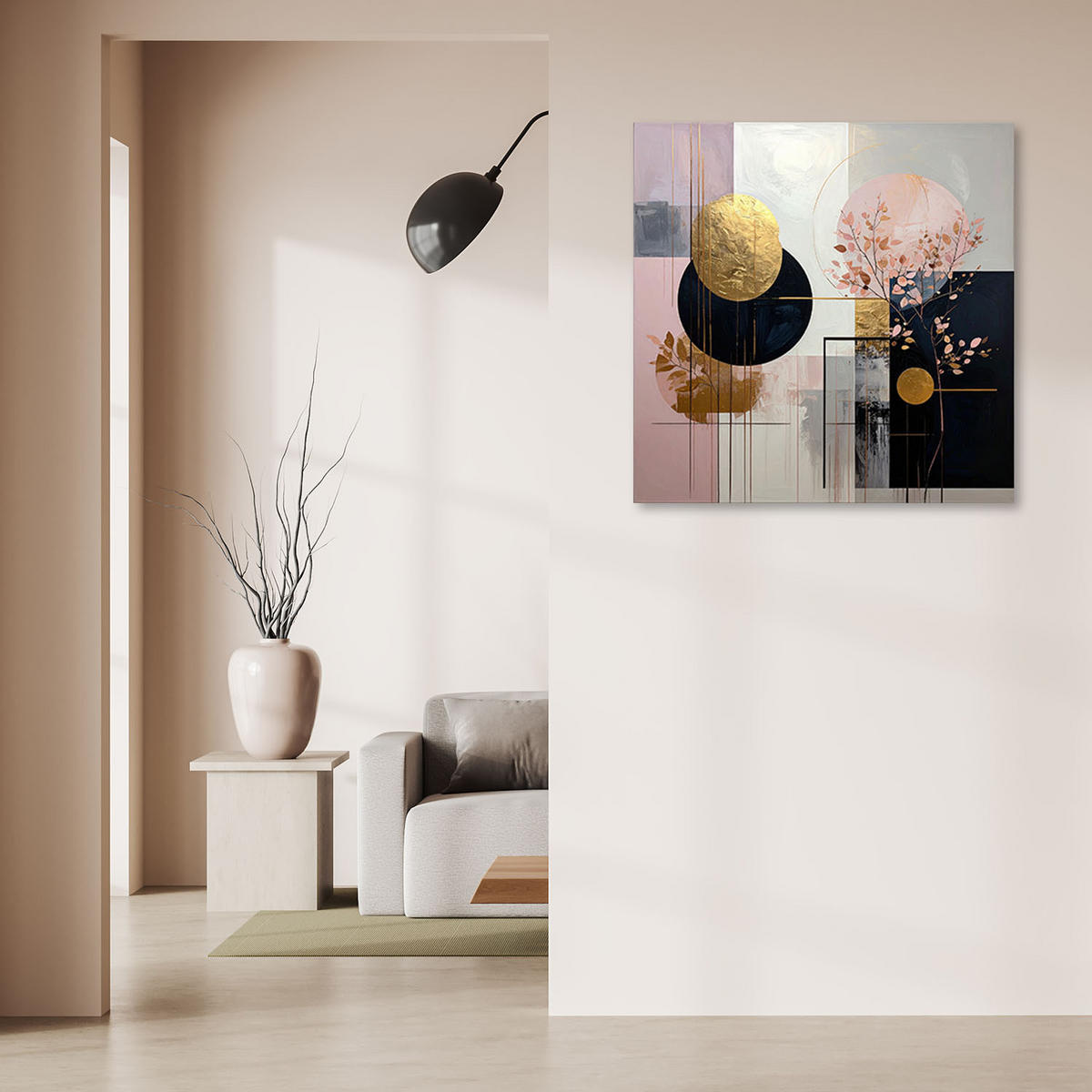 BILD auf Leinwand, Abstrakt Kreise und Blätter in Rosa und Grau - Rosa, Textil (60/60cm) - Feeby