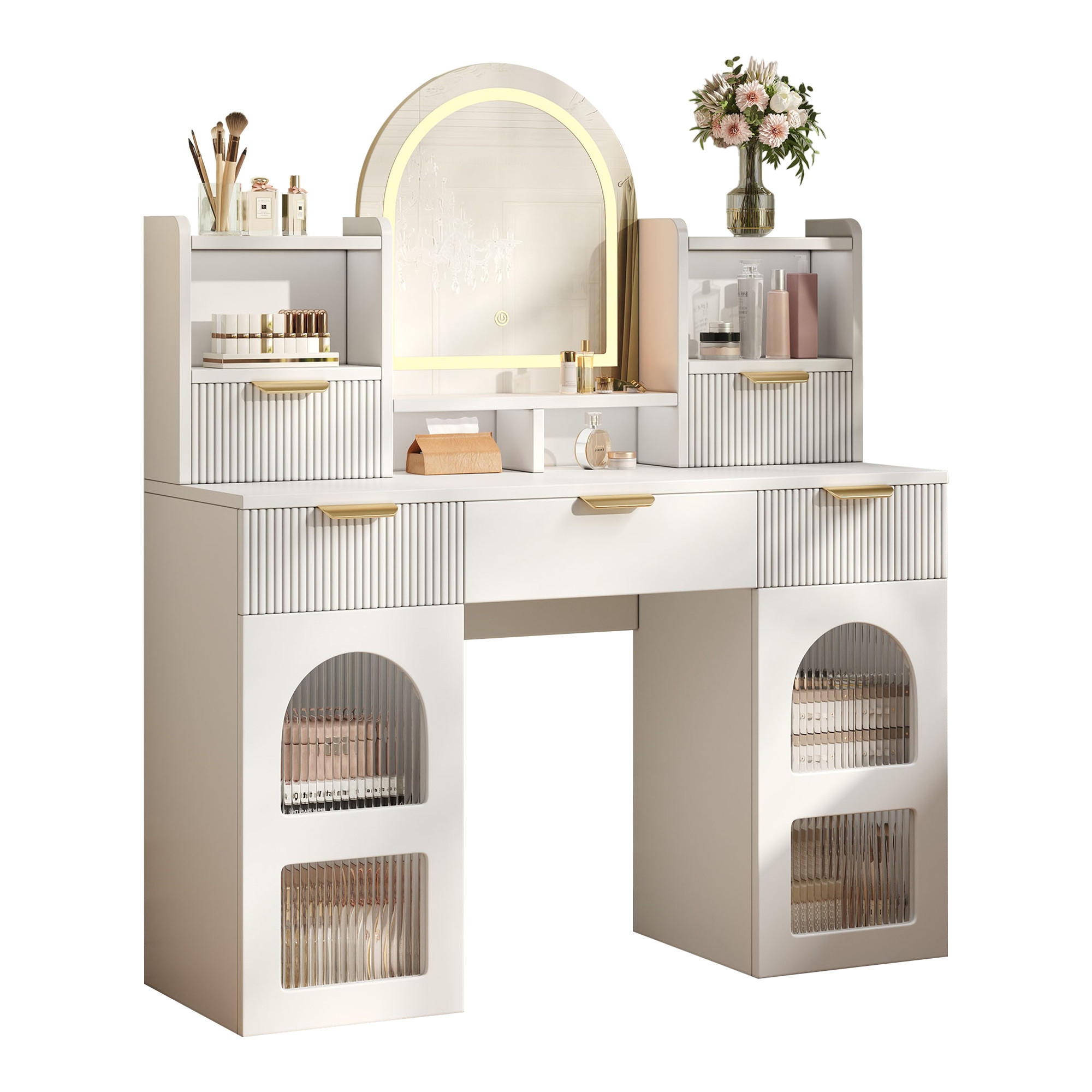 SCHMINKTISCH in Weiß mit LED-Beleuchtung und Schubladen für Schlafzimmer, B120/T40/H139.5 cm - Weiß, Holzwerkstoff (120/139.5/40cm) - STILVORA