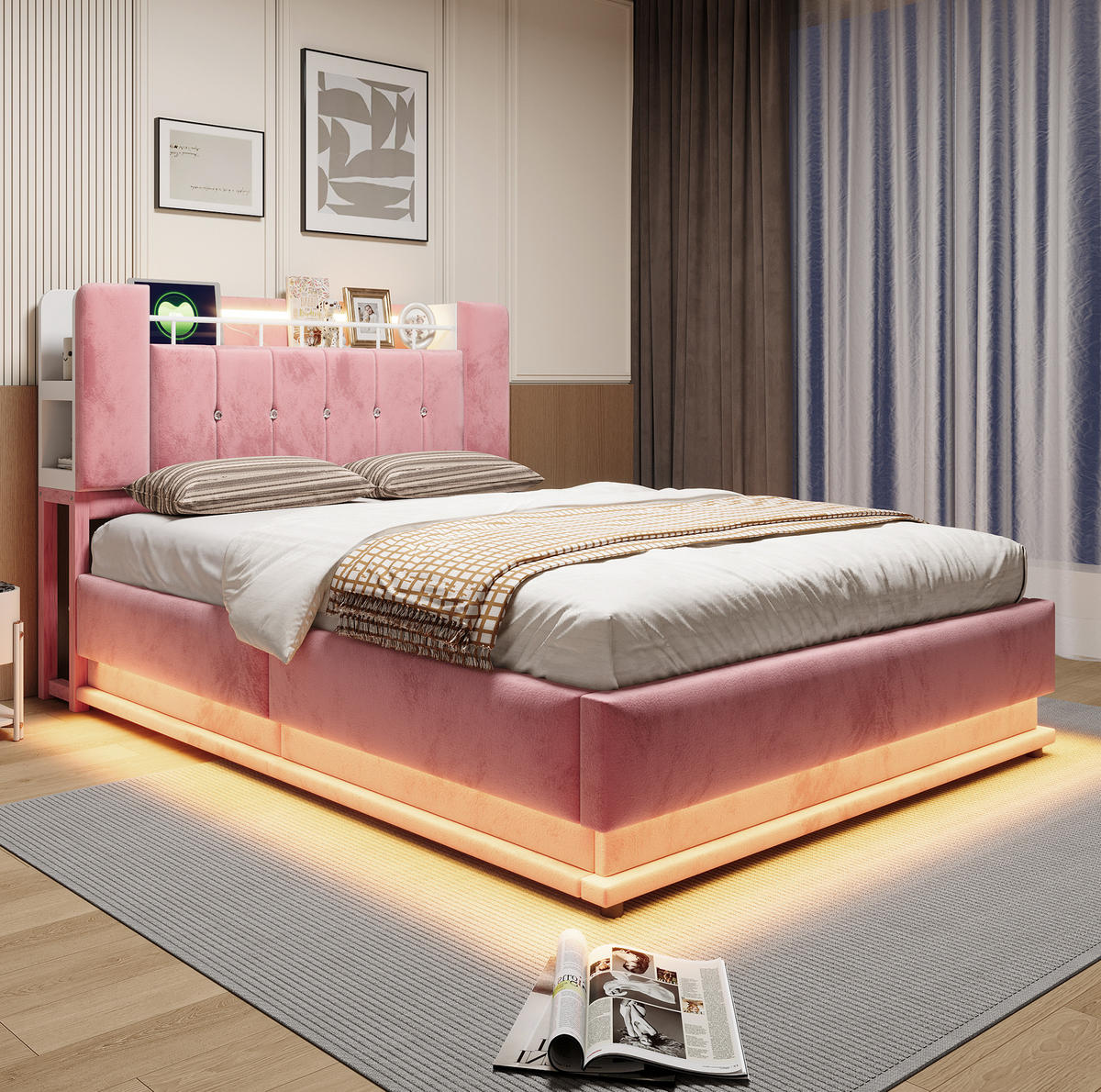 POLSTERBETT 140/200 cm in Rosa mit LED-Beleuchtung, USB und Stauraum - Pink, Textil (140/200cm) - Flora Grace
