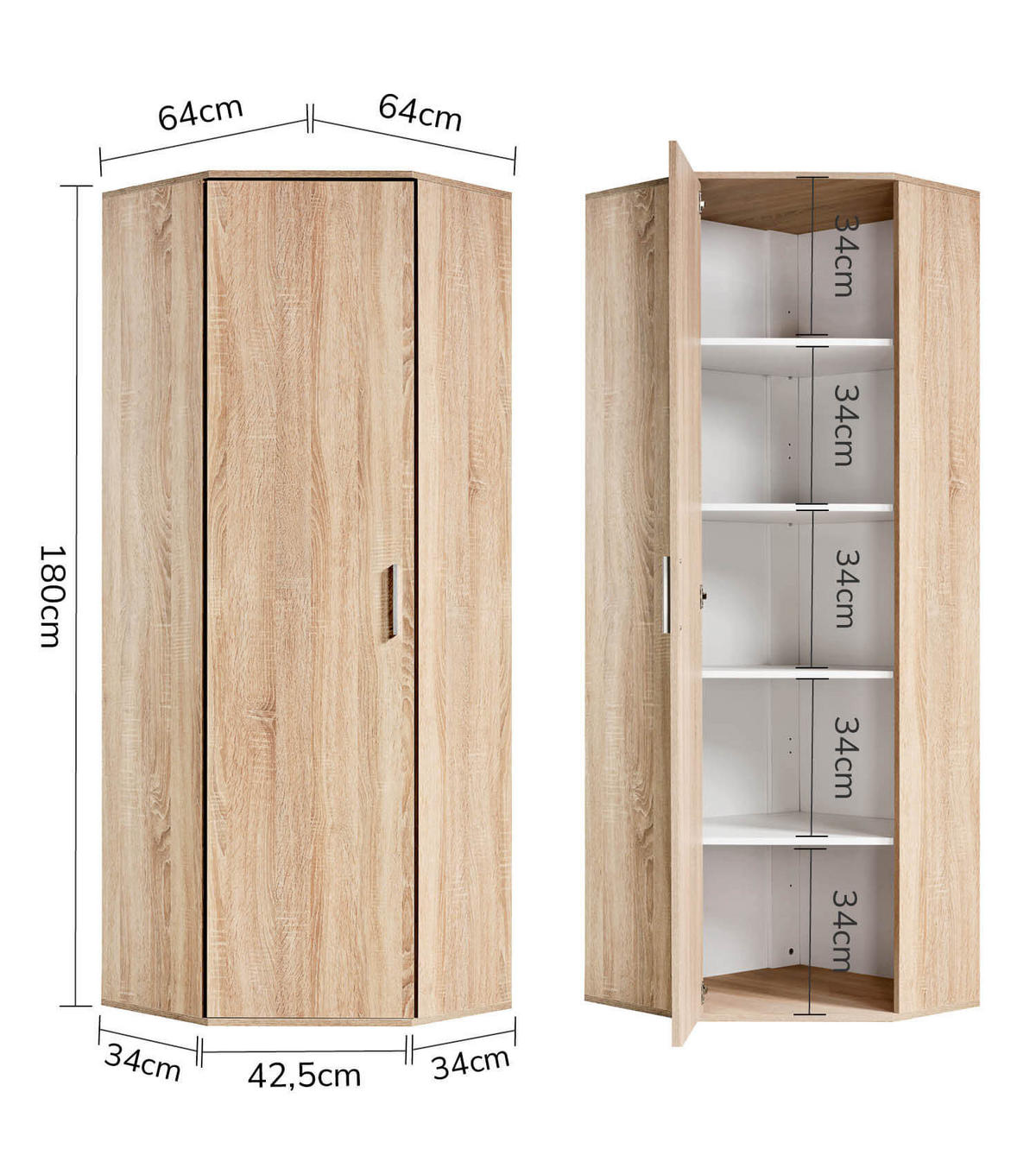 ECKSCHRANK Der Lange - Weiß/Sonoma Eiche, Holzwerkstoff (64/180/64cm) - Mokebo