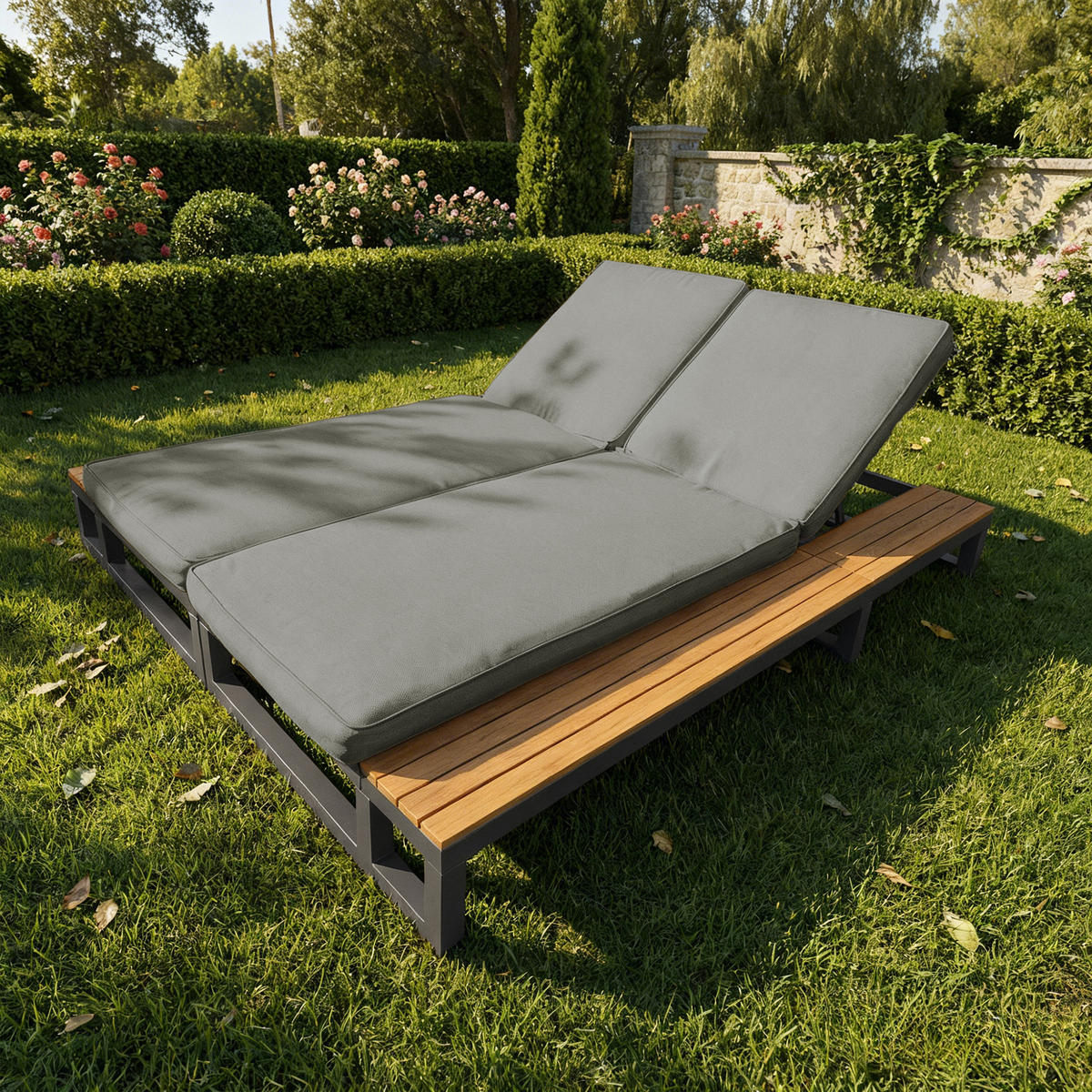 SONNENLIEGE aus Metall & wasserabweisendem Stoff 184x159x73 cm in Grau - Grau, Metall (159/73/184cm) - Modfu