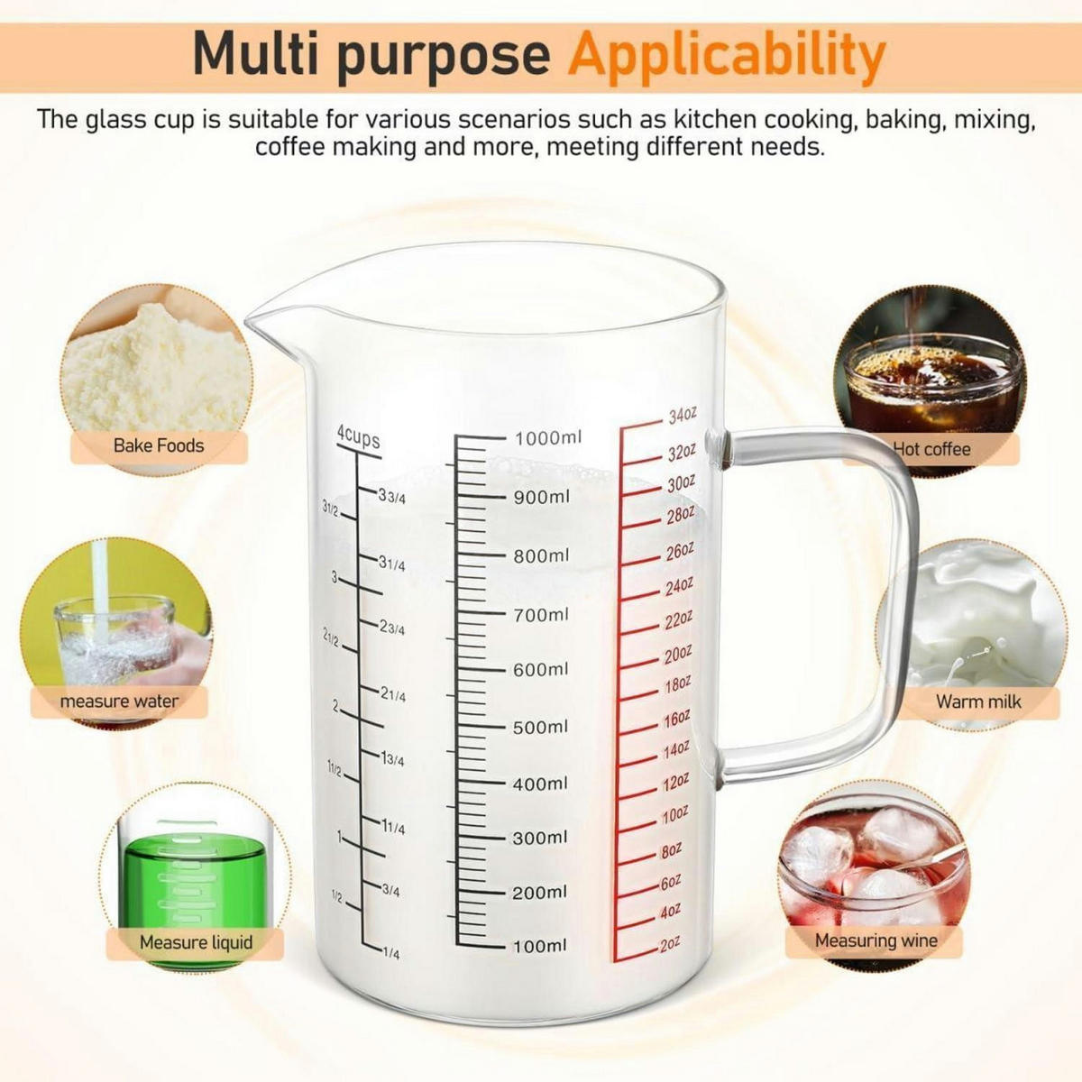 GLASMESSBECHER mit Griff und Ausguss 1000ml - Multicolor, Glas (1L)