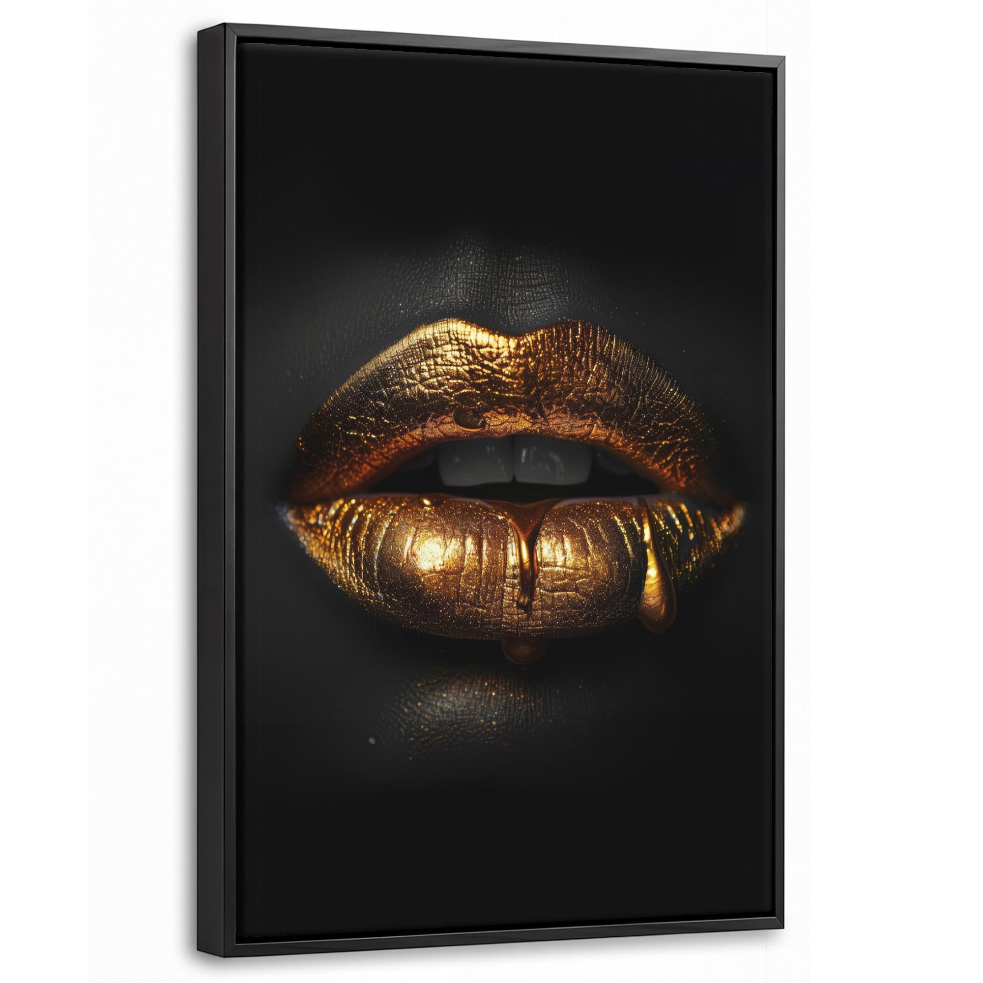 LEINWAND Bilder mit Rahmen - Frau - Porträt - Lippen - Gold - Schwarz - 40x60 - Schwarz, Textil (40/60cm) - MuchoWow