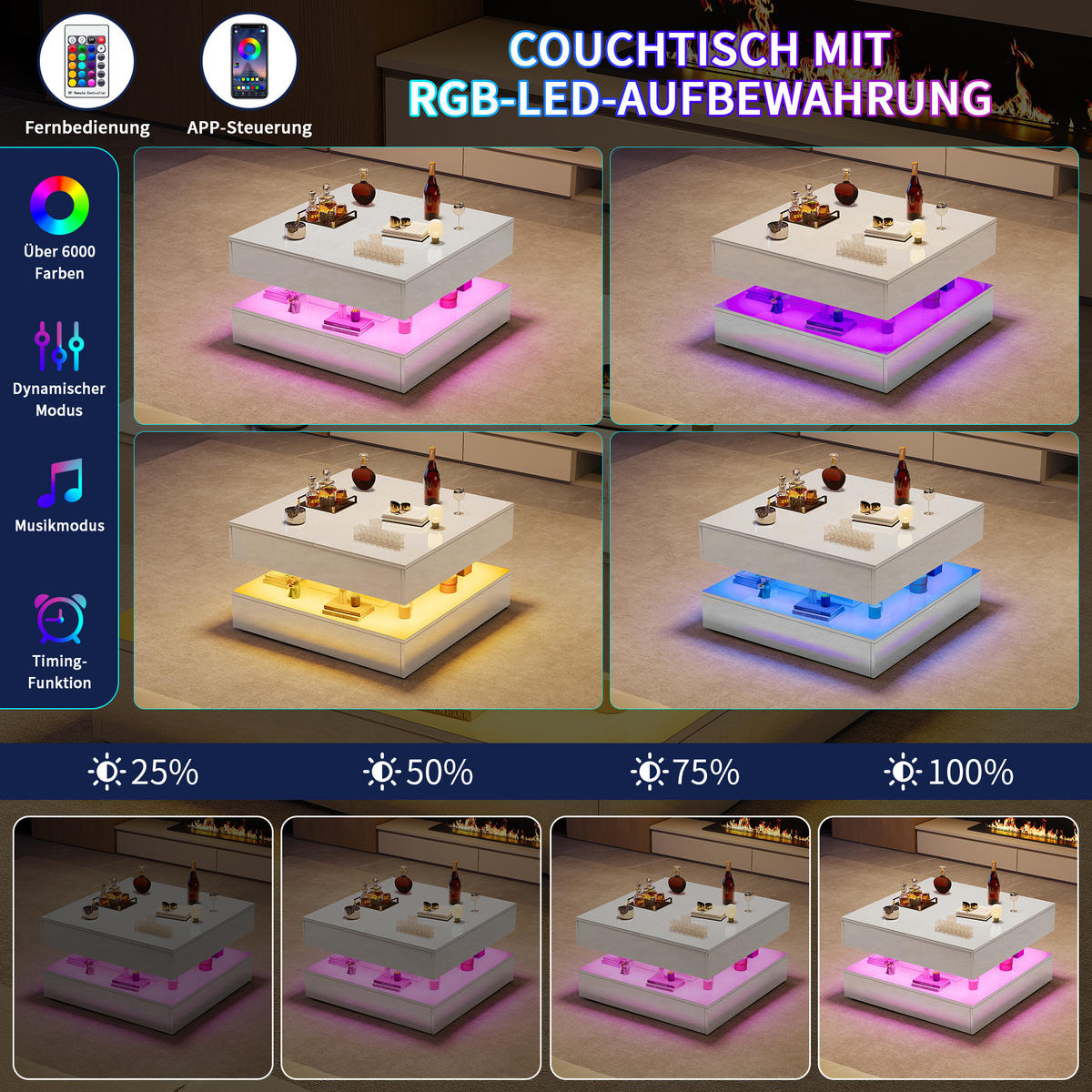 COUCHTISCH 78x78 cm mit RGB-LED & 2 Schubladen, Weiß Hochglanz - Weiß, Metall (78/78/43cm) - EuroLiving