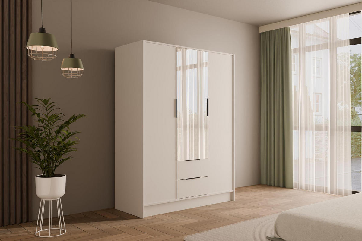 KLEIDERSCHRANK mit Spiegel und Flügeltüren KOLIN 150x200cm Weiß/Weiß - Weiß, Holzwerkstoff (150/200/51cm) - ALTDECOR
