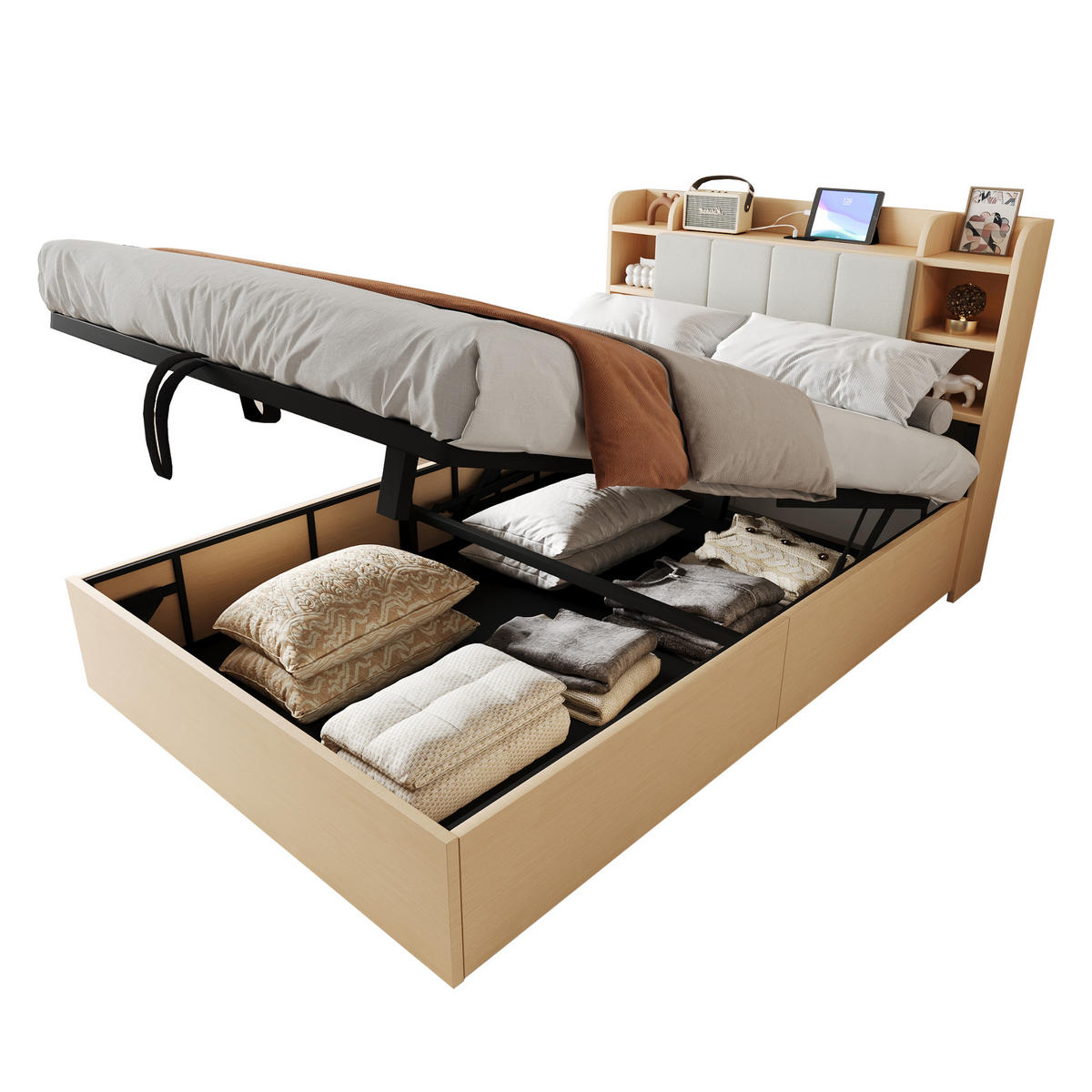 BETT 140/200 cm in Natur mit Stauraum, USB und Type-C - Naturfarben, Holzwerkstoff (140/200cm) - CHICFURN