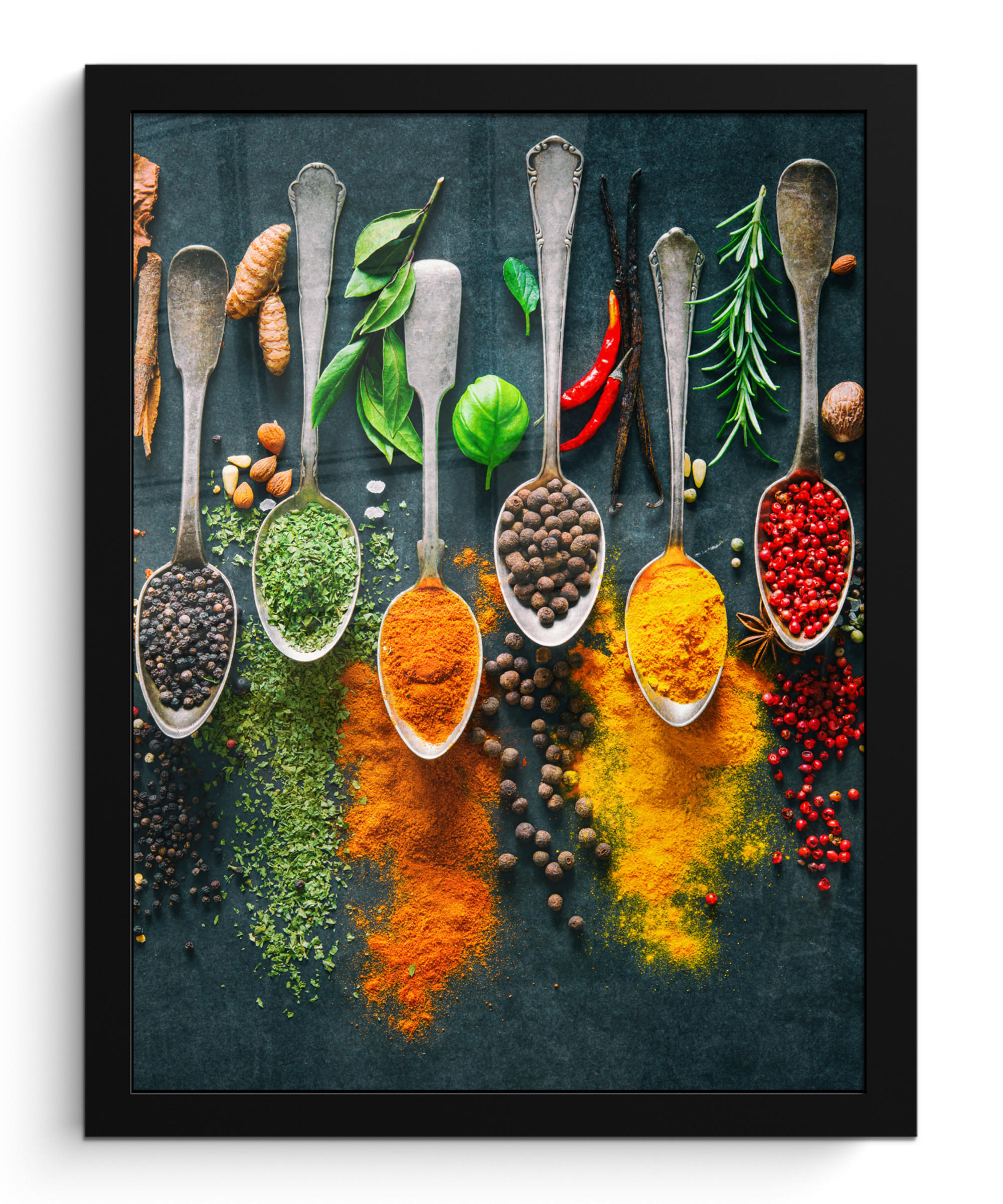 GERAHMTES BILD Kräuter - Gewürze - Löffel 30x40 cm - Currygelb, Papier (30/40cm) - MuchoWow