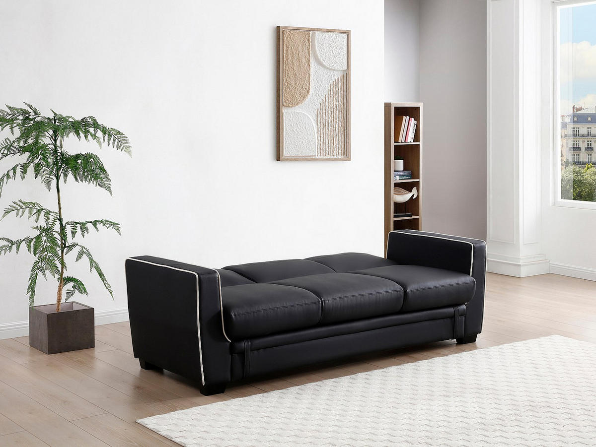SCHLAFSOFA 3-Sitzer - Kunstleder - Schwarz - NATY II - Schwarz, Leder (214/87/87cm) - Vente-Unique
