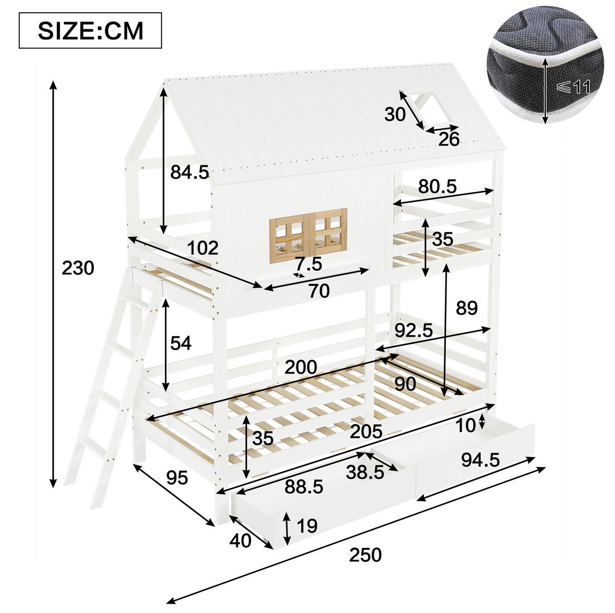 ETAGENBETT 90/200 cm aus Kiefer und MDF mit Dach, Fenstern, Leiter und 2 Schubladen, Weiß/Natur - Weiß, Holz (90/200cm) - Redom